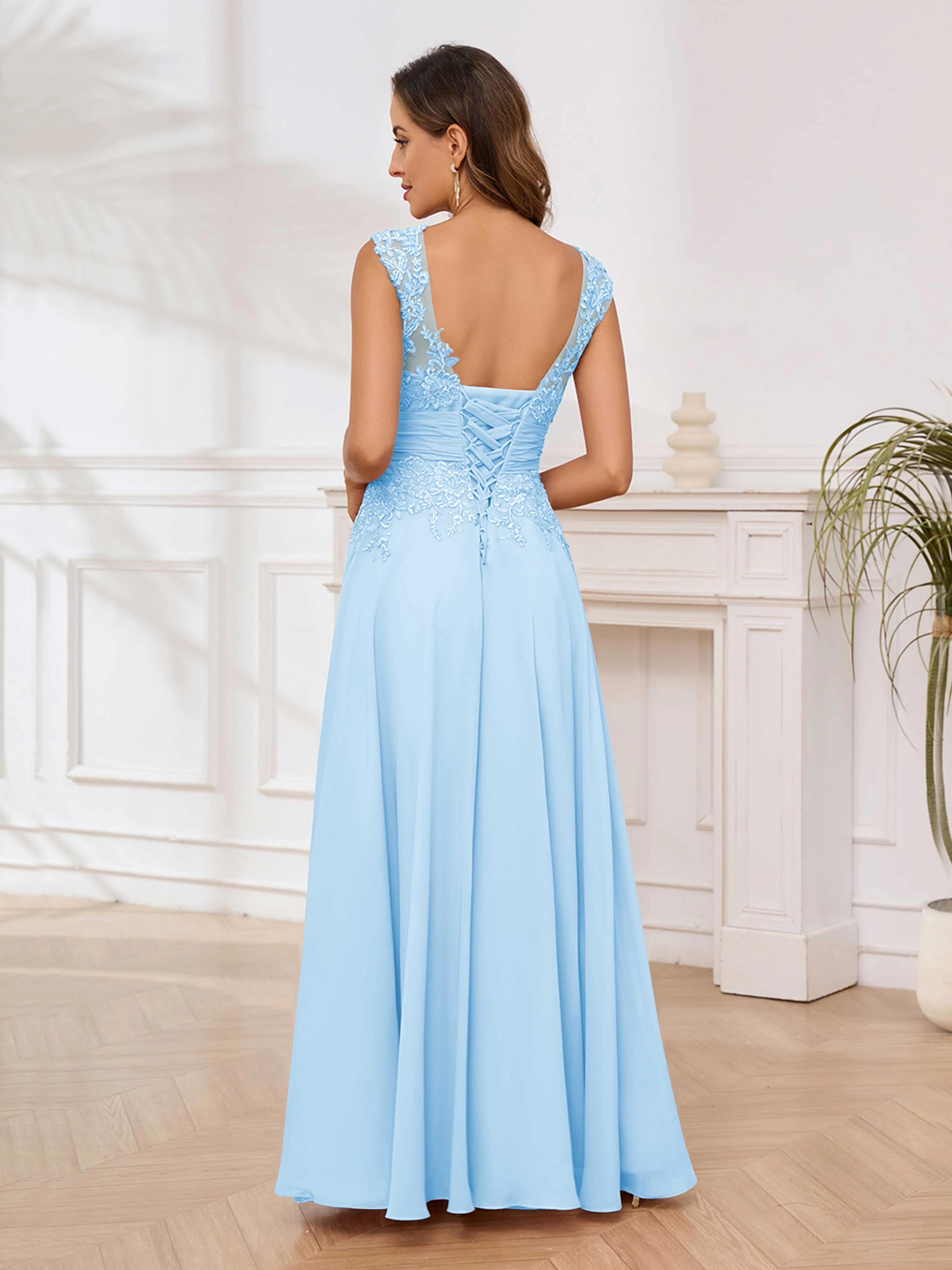 Ailani Delicate A-Line V Neck Lace Pleated Long Chiffon Mother of the Bride Dresses