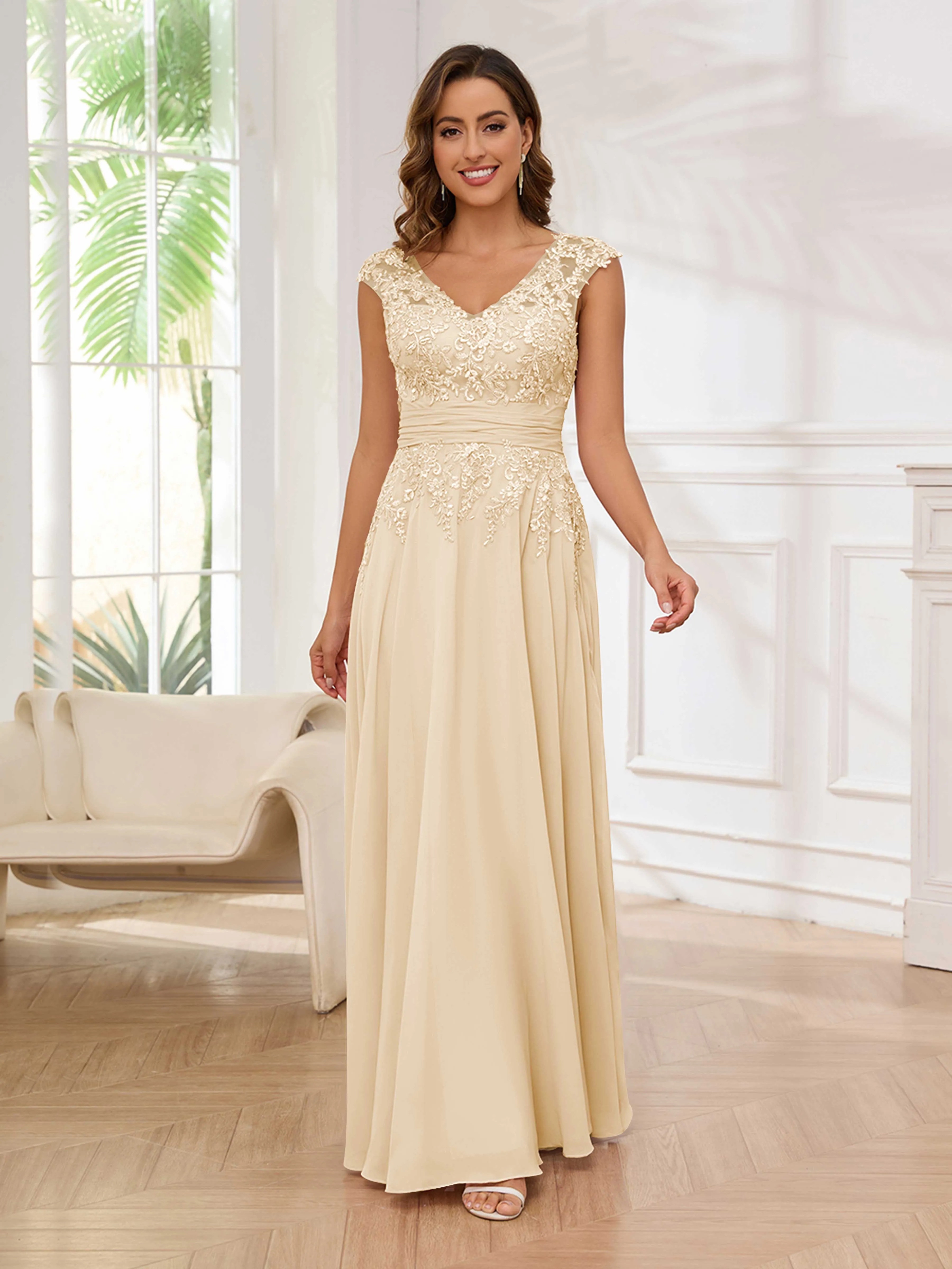 Ailani Delicate A-Line V Neck Lace Pleated Long Chiffon Mother of the Bride Dresses