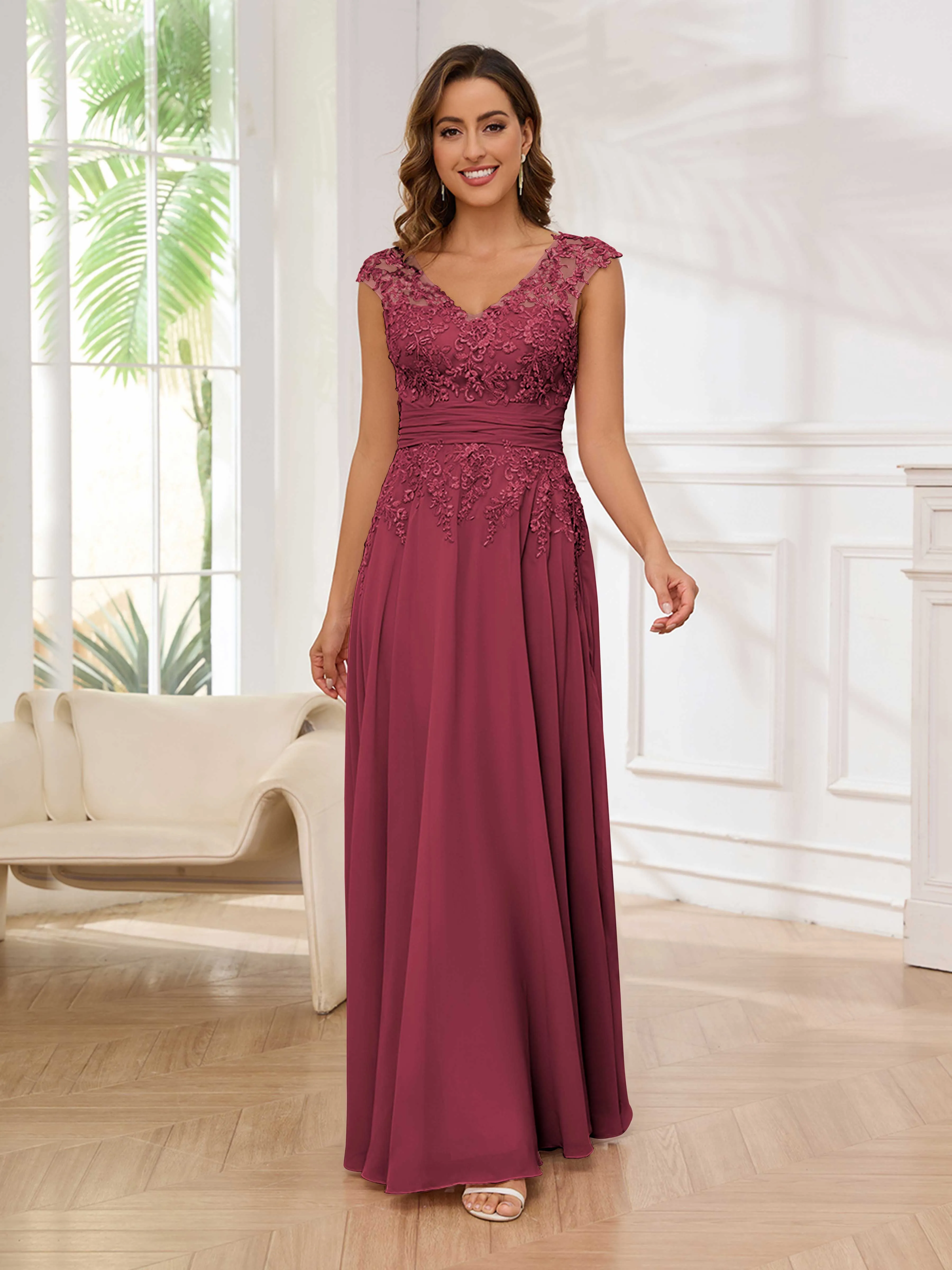 Ailani Delicate A-Line V Neck Lace Pleated Long Chiffon Mother of the Bride Dresses