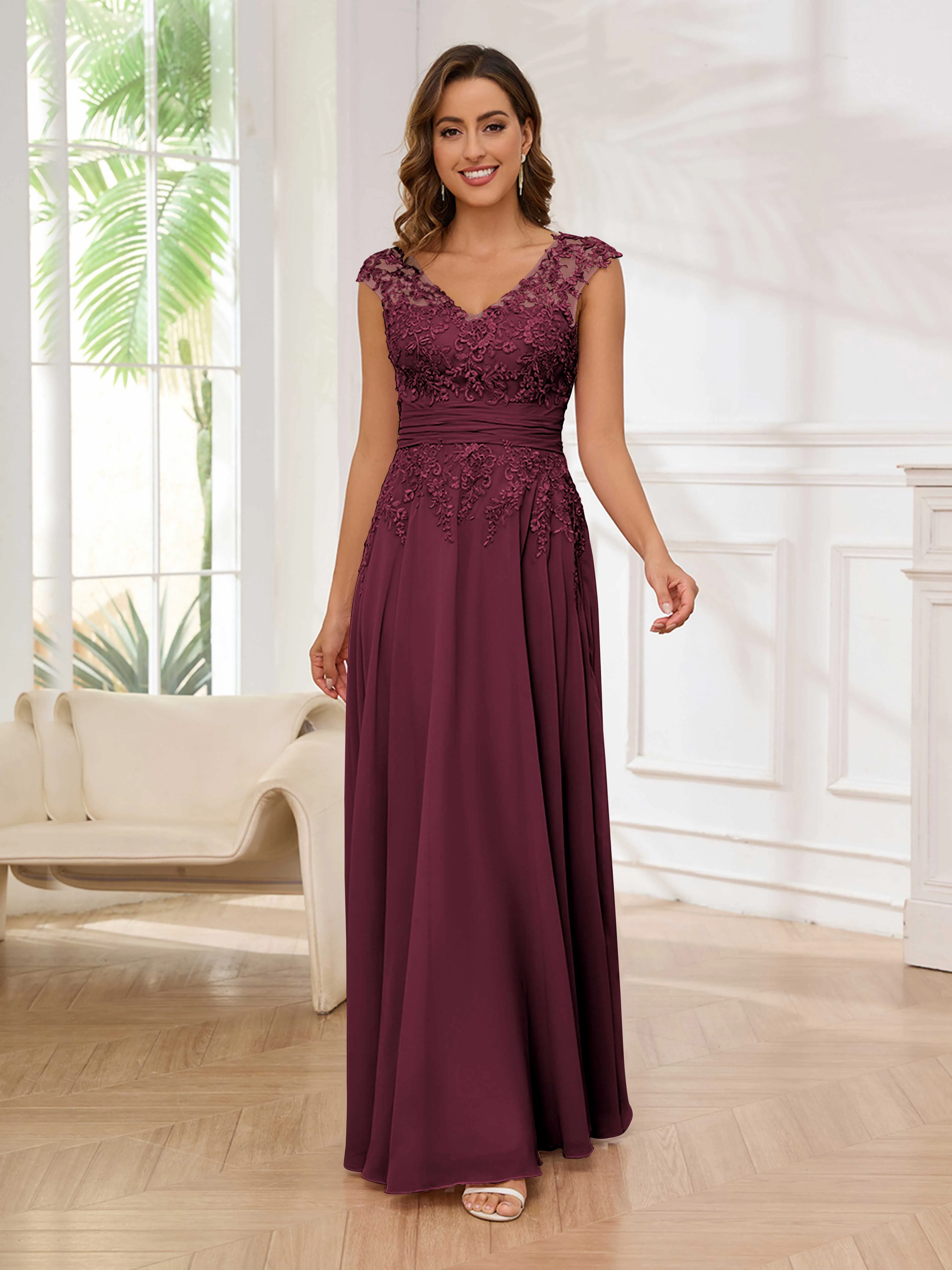 Ailani Delicate A-Line V Neck Lace Pleated Long Chiffon Mother of the Bride Dresses