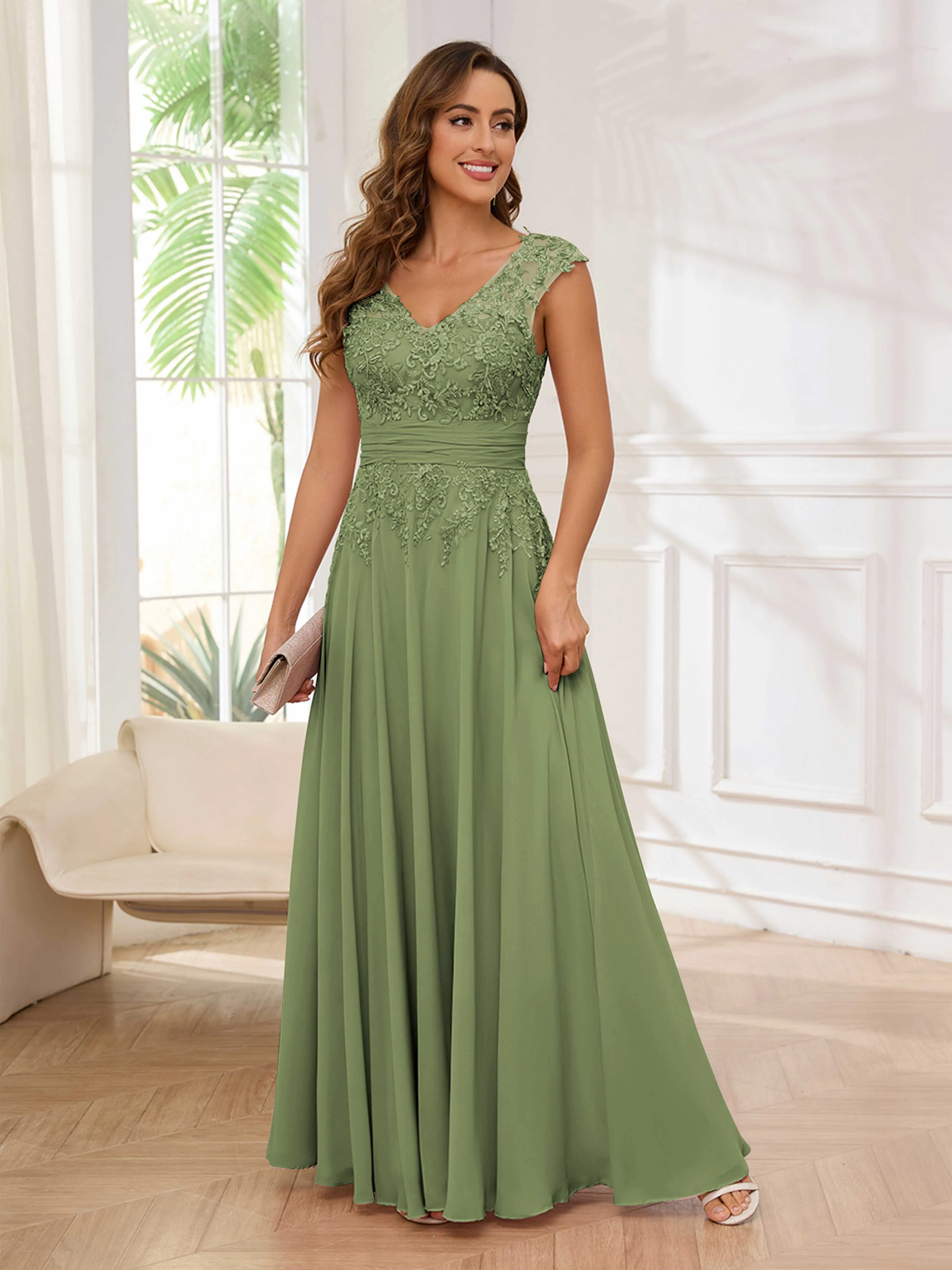 Ailani Delicate A-Line V Neck Lace Pleated Long Chiffon Mother of the Bride Dresses