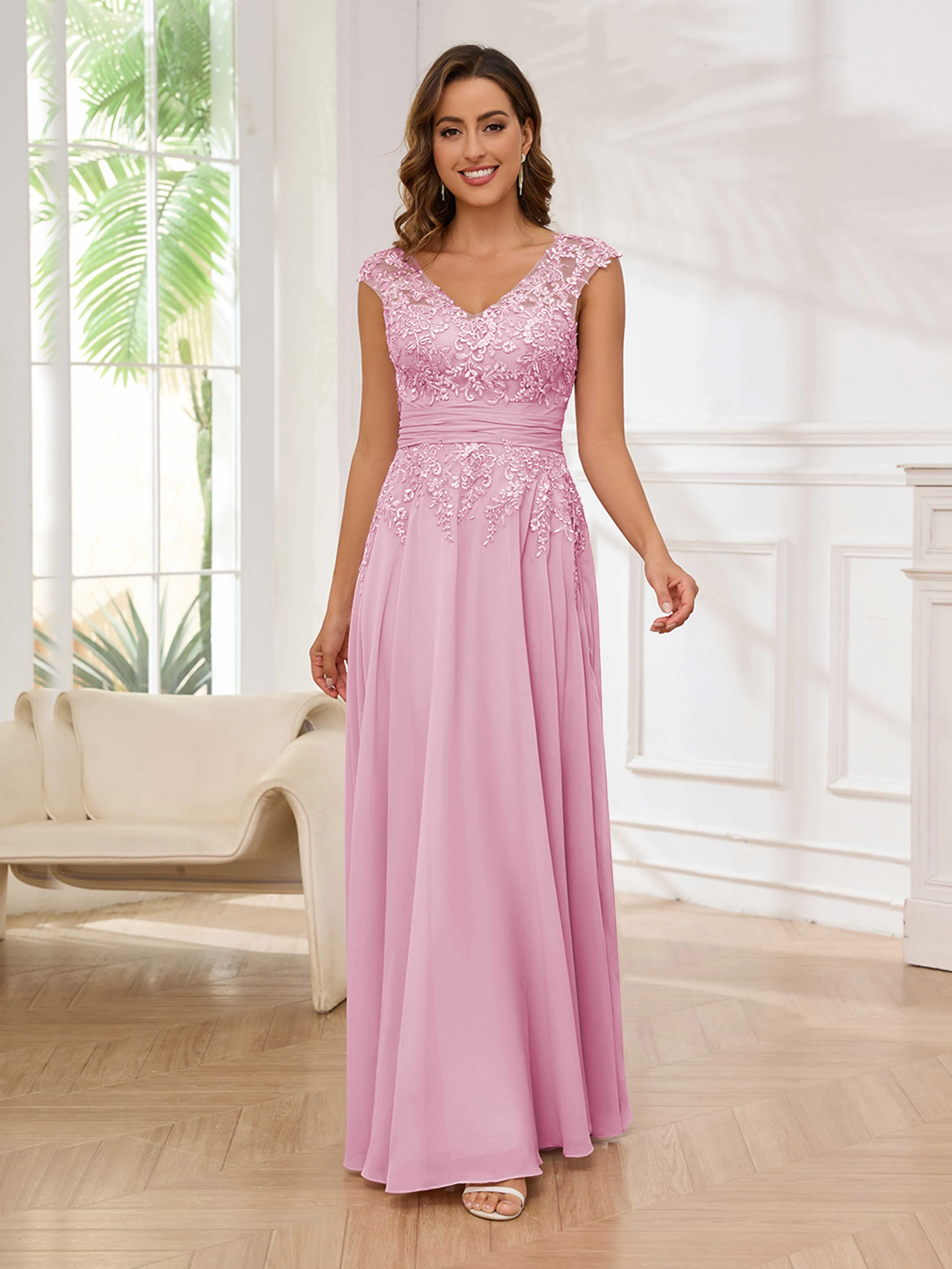 Ailani Delicate A-Line V Neck Lace Pleated Long Chiffon Mother of the Bride Dresses