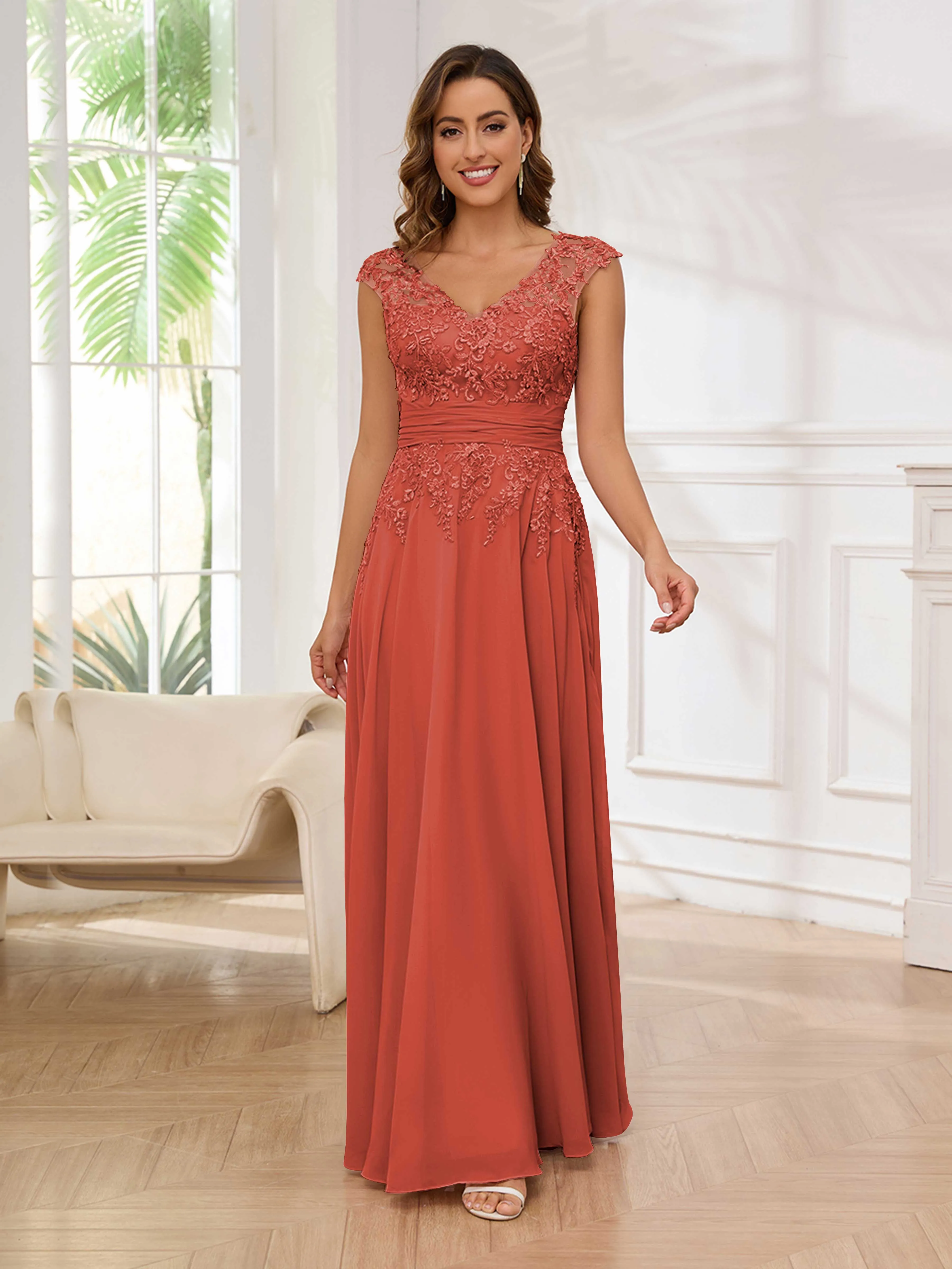 Ailani Delicate A-Line V Neck Lace Pleated Long Chiffon Mother of the Bride Dresses