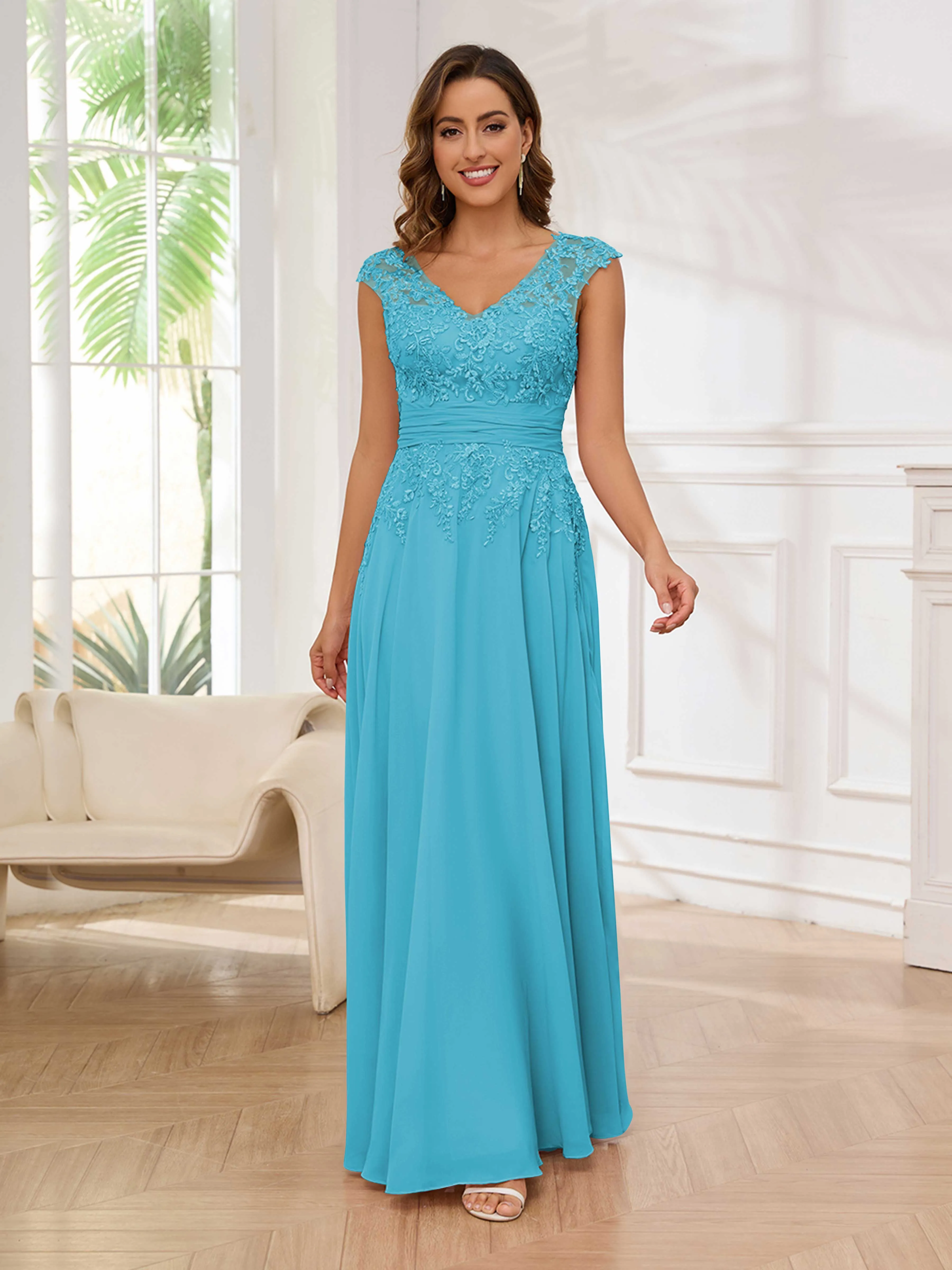 Ailani Delicate A-Line V Neck Lace Pleated Long Chiffon Mother of the Bride Dresses