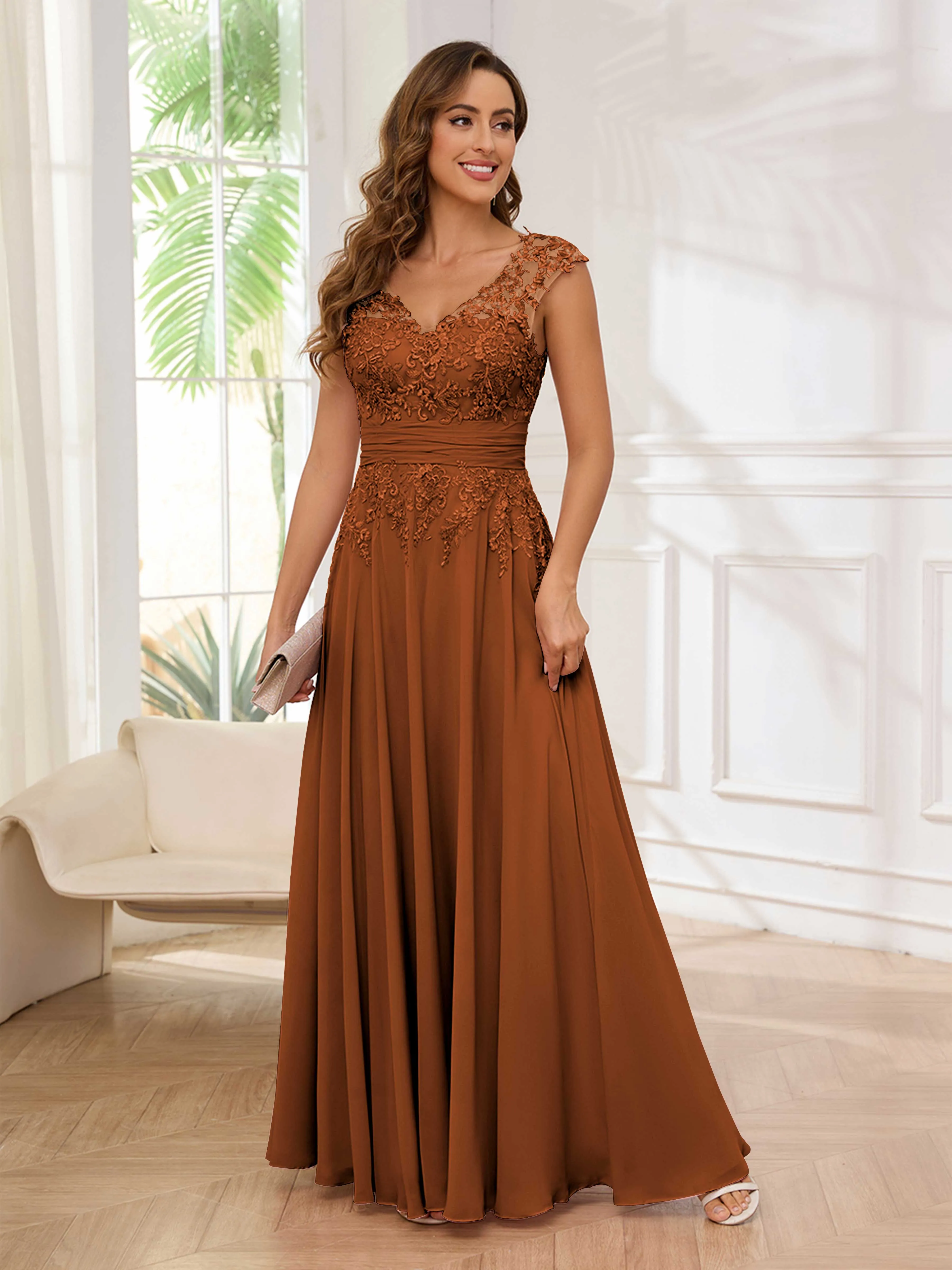 Ailani Delicate A-Line V Neck Lace Pleated Long Chiffon Mother of the Bride Dresses