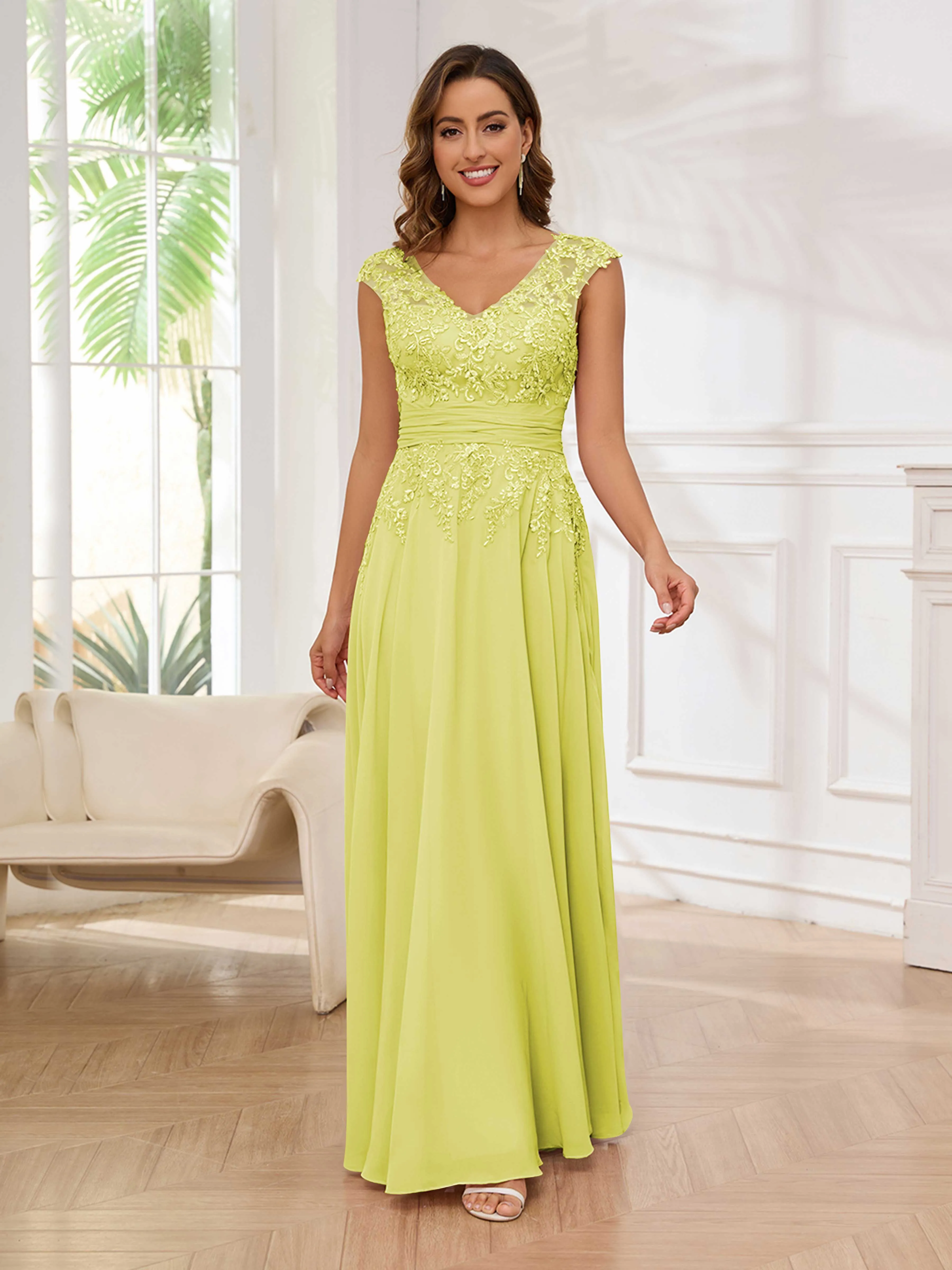 Ailani Delicate A-Line V Neck Lace Pleated Long Chiffon Mother of the Bride Dresses