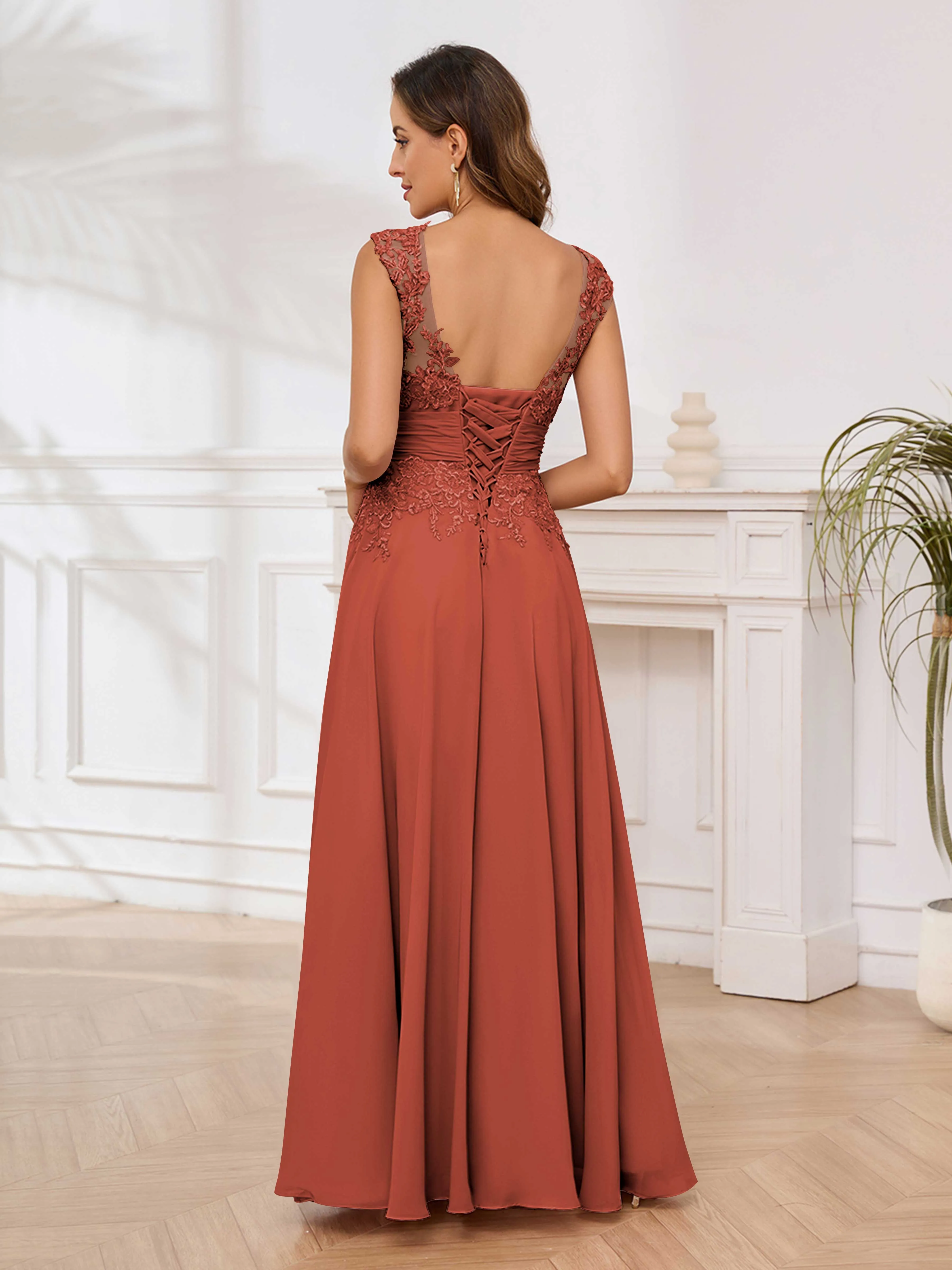 Ailani Delicate A-Line V Neck Lace Pleated Long Chiffon Mother of the Bride Dresses
