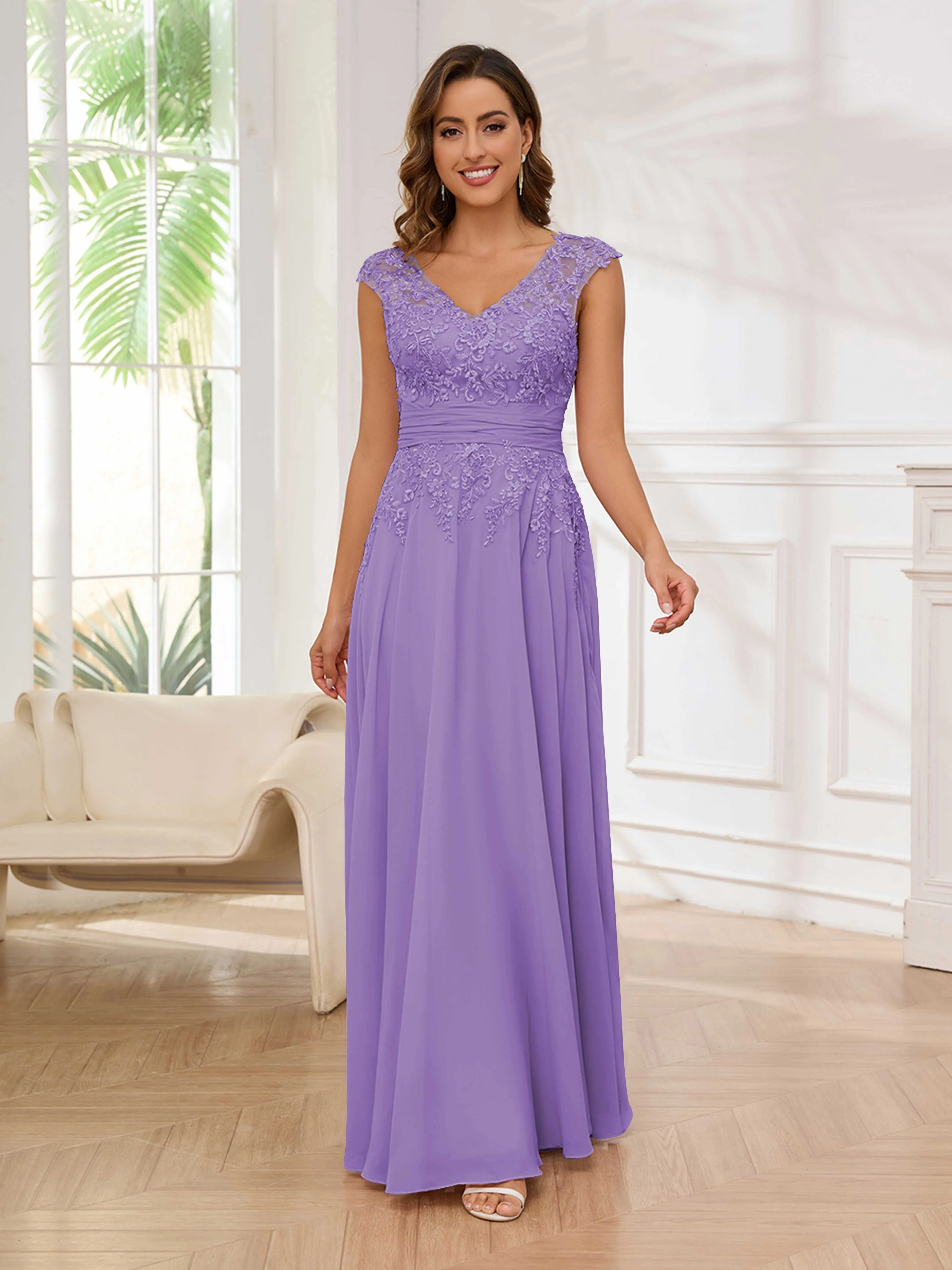 Ailani Delicate A-Line V Neck Lace Pleated Long Chiffon Mother of the Bride Dresses