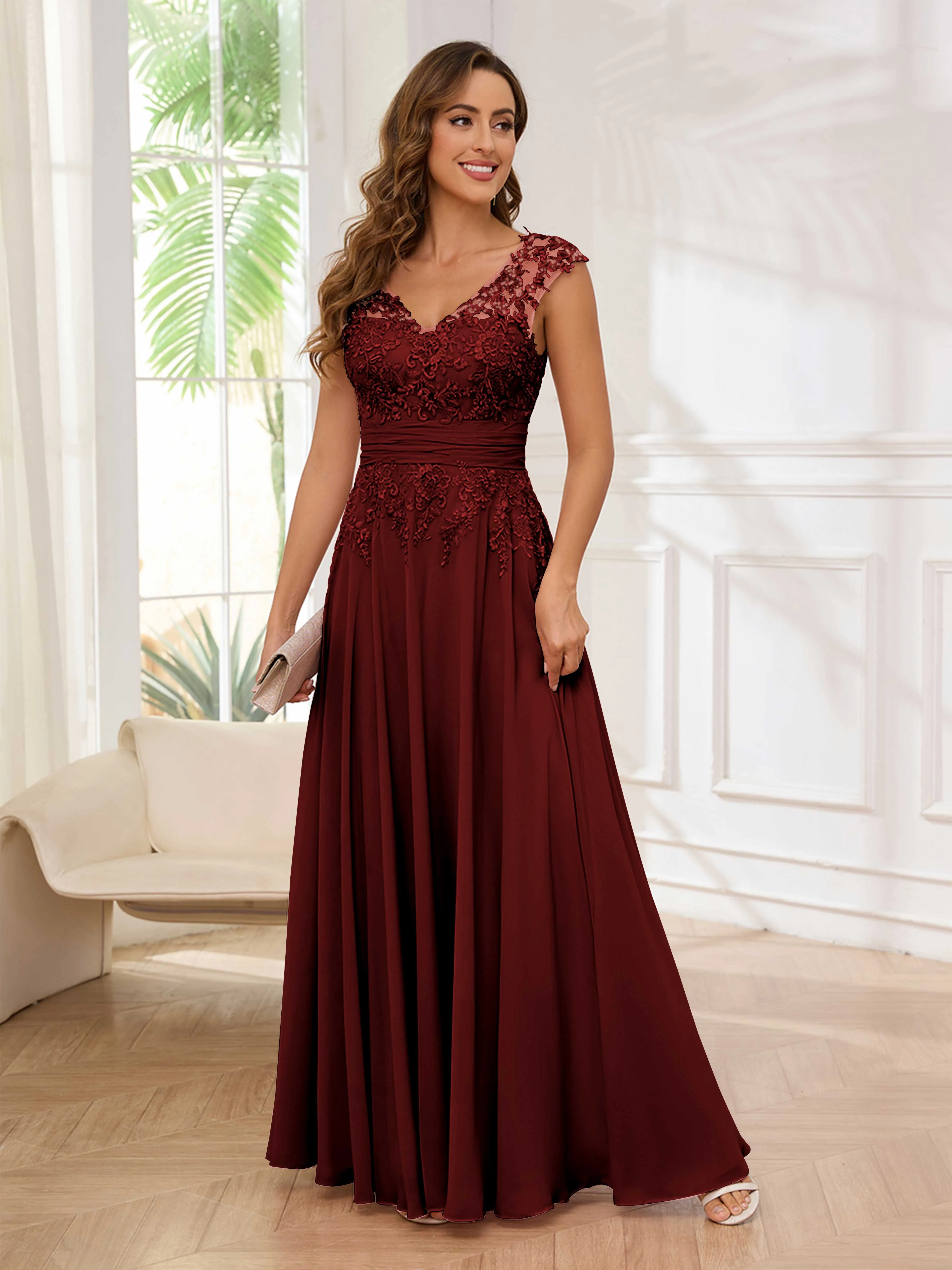 Ailani Delicate A-Line V Neck Lace Pleated Long Chiffon Mother of the Bride Dresses