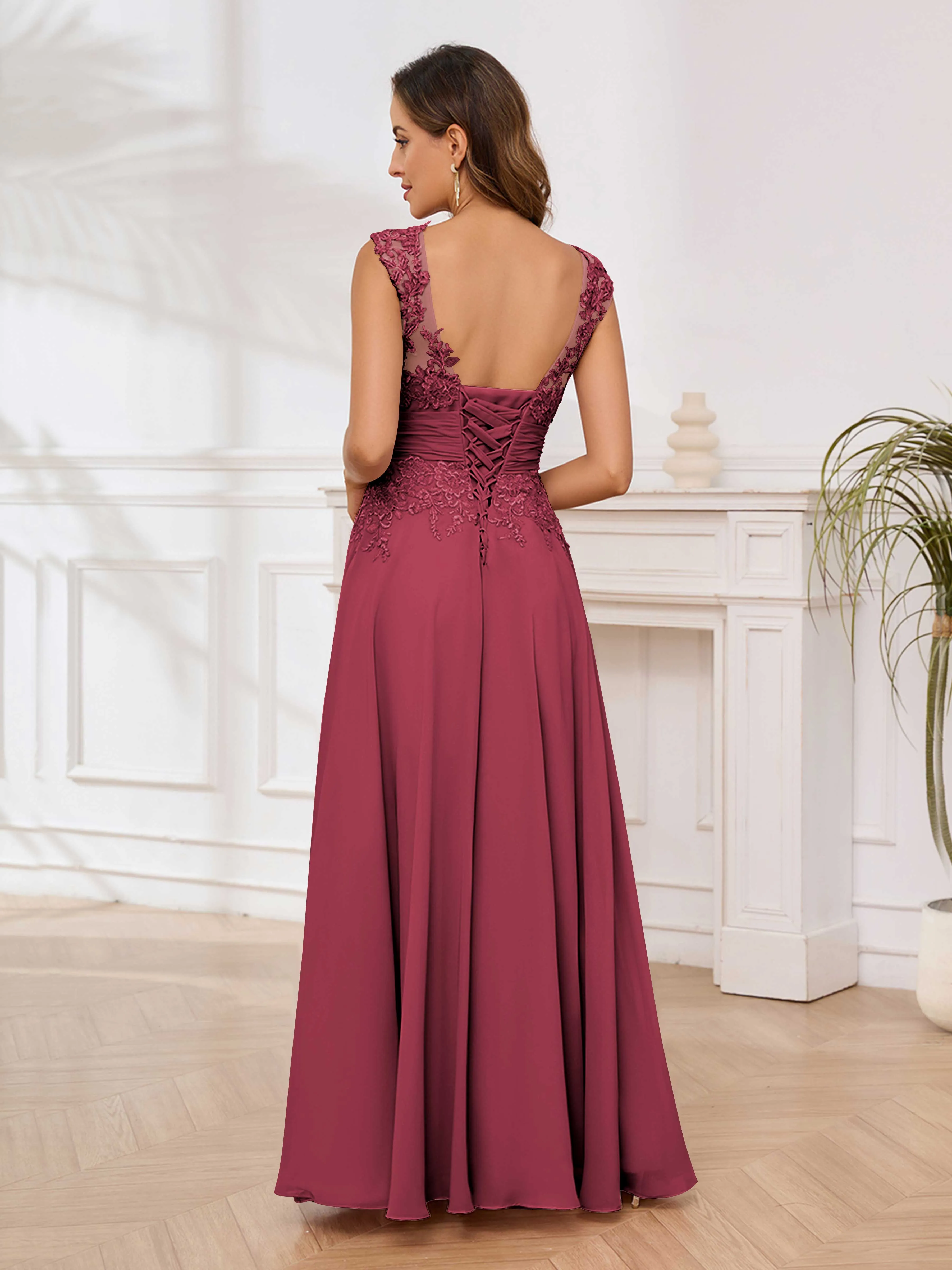 Ailani Delicate A-Line V Neck Lace Pleated Long Chiffon Mother of the Bride Dresses
