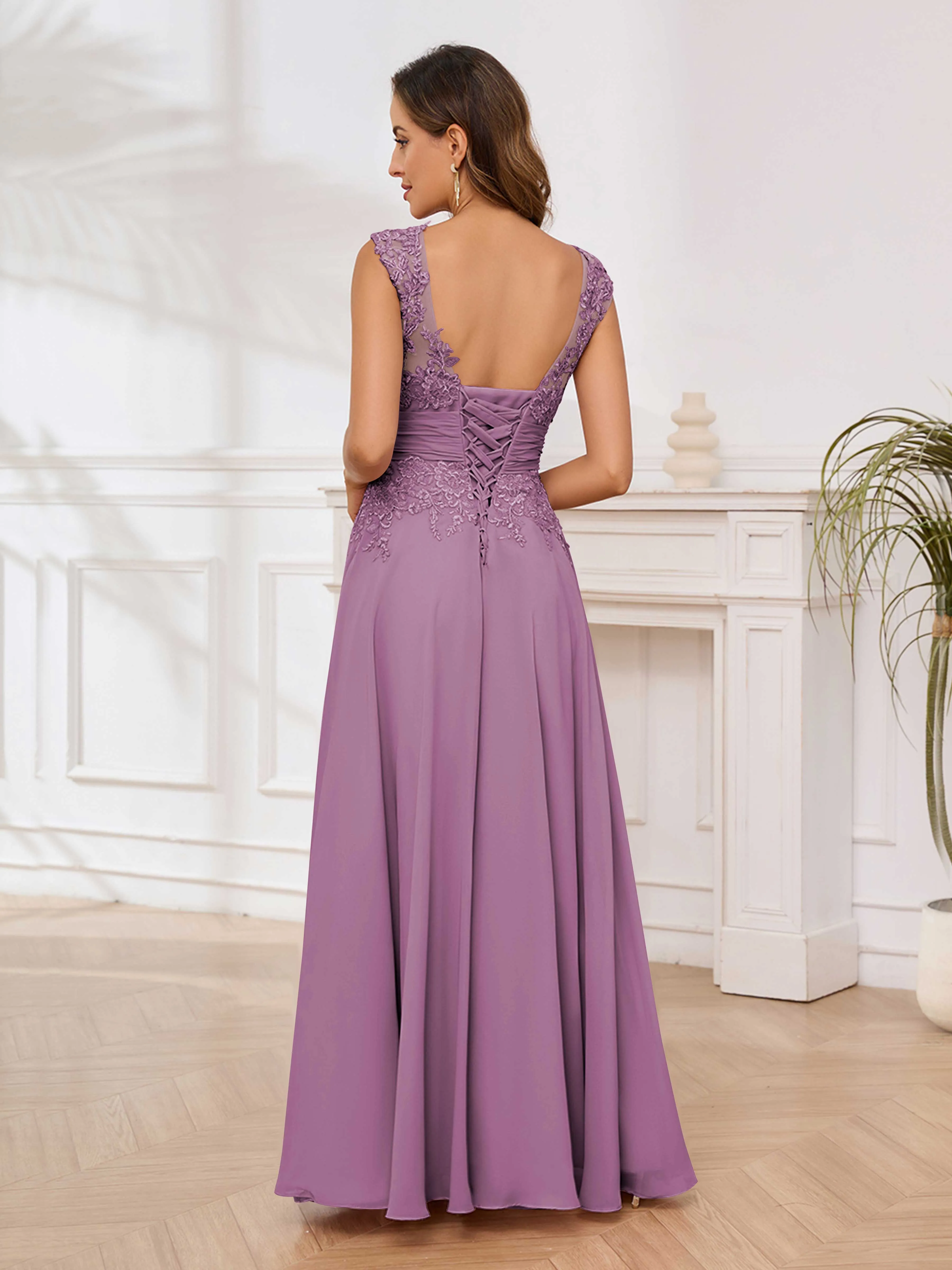 Ailani Delicate A-Line V Neck Lace Pleated Long Chiffon Mother of the Bride Dresses
