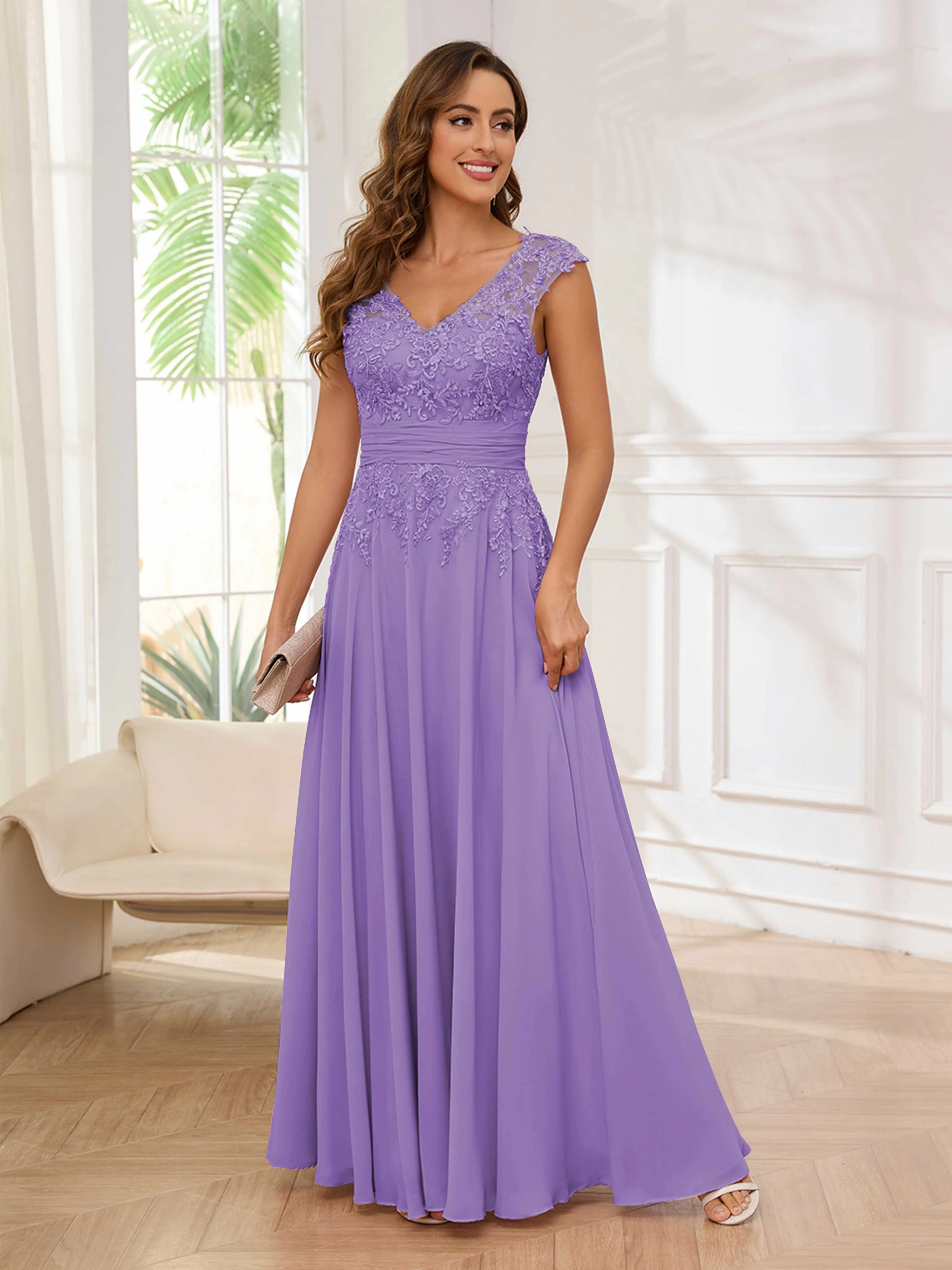 Ailani Delicate A-Line V Neck Lace Pleated Long Chiffon Mother of the Bride Dresses