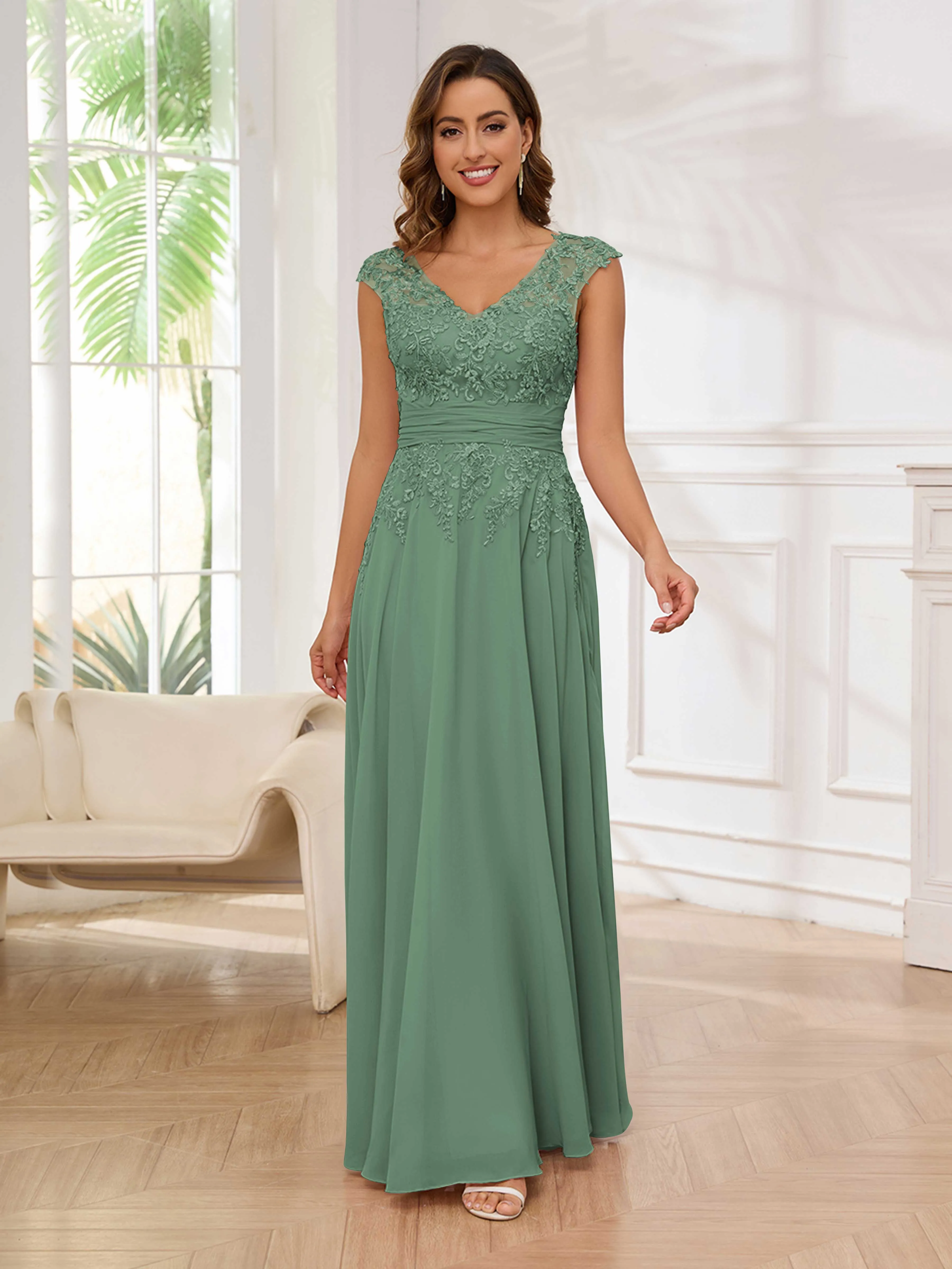 Ailani Delicate A-Line V Neck Lace Pleated Long Chiffon Mother of the Bride Dresses