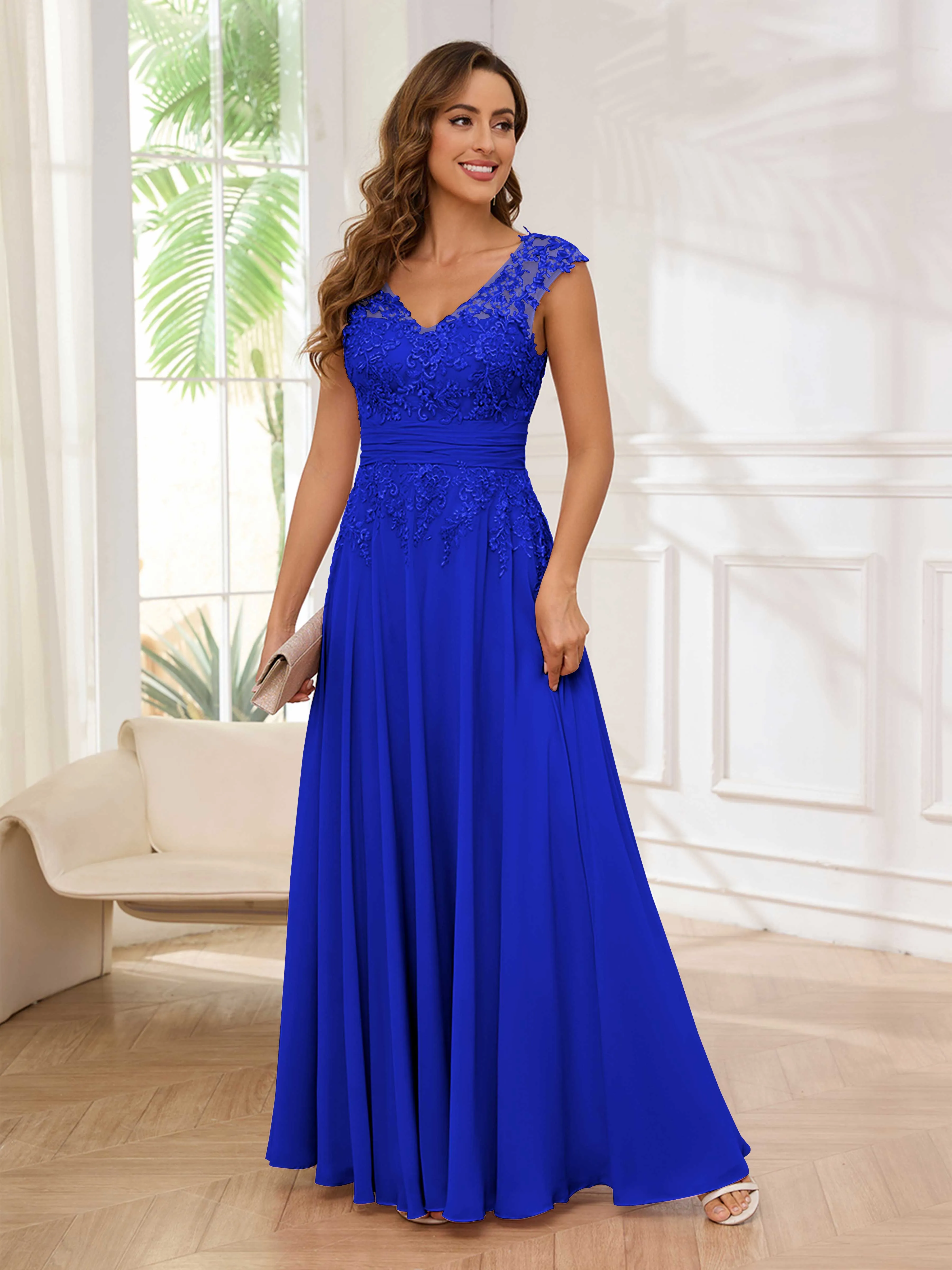 Ailani Delicate A-Line V Neck Lace Pleated Long Chiffon Mother of the Bride Dresses