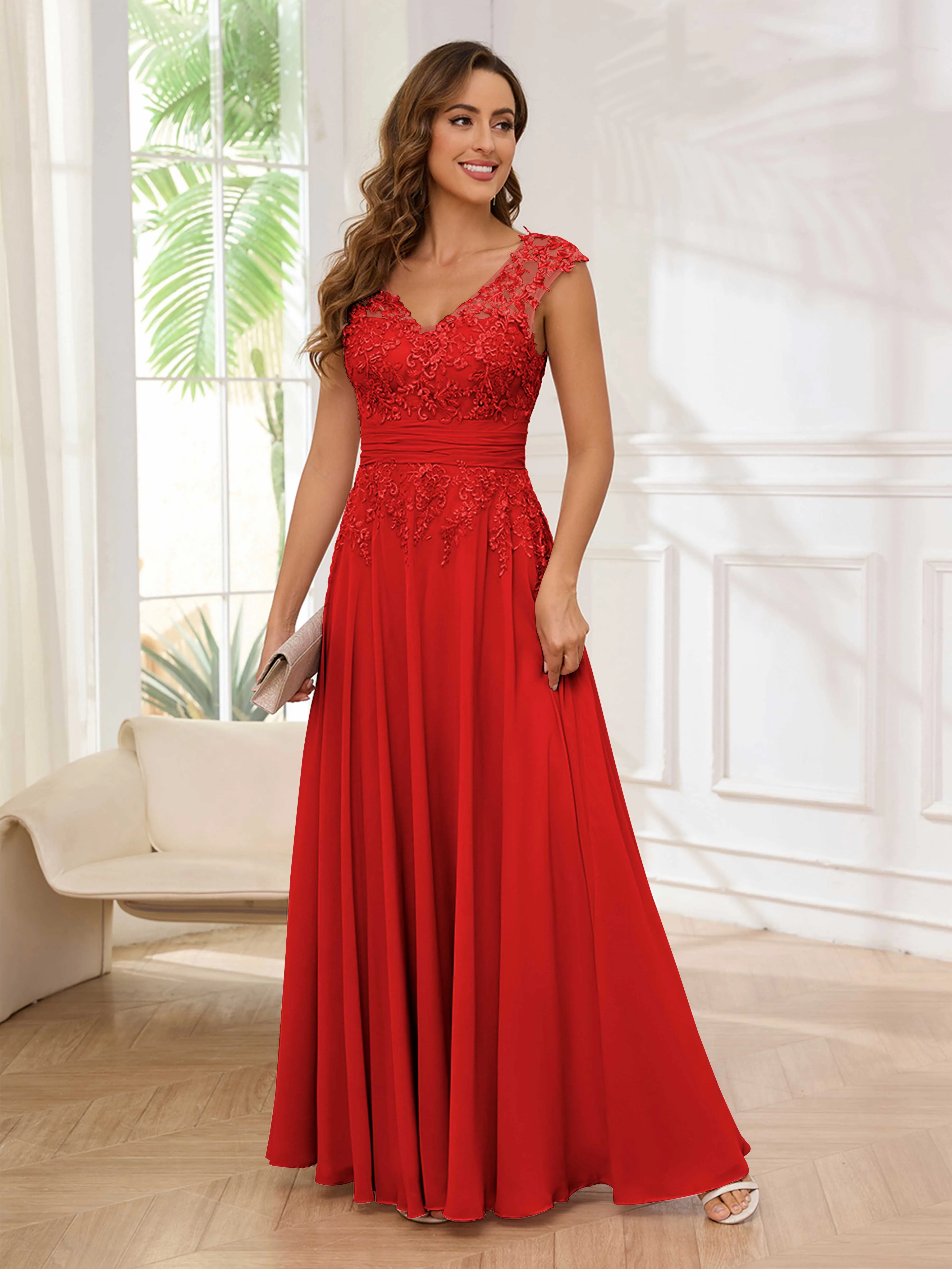 Ailani Delicate A-Line V Neck Lace Pleated Long Chiffon Mother of the Bride Dresses
