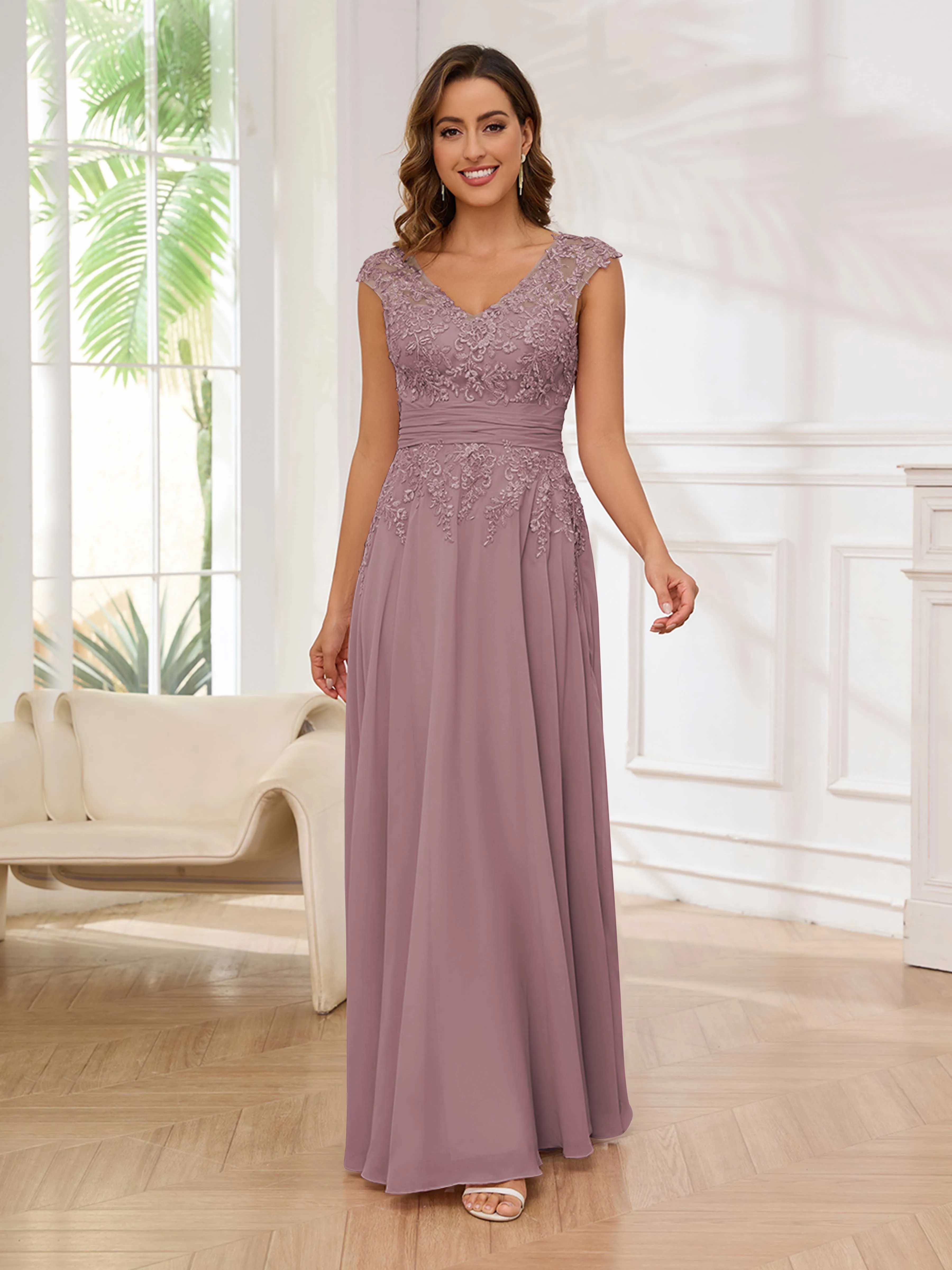 Ailani Delicate A-Line V Neck Lace Pleated Long Chiffon Mother of the Bride Dresses