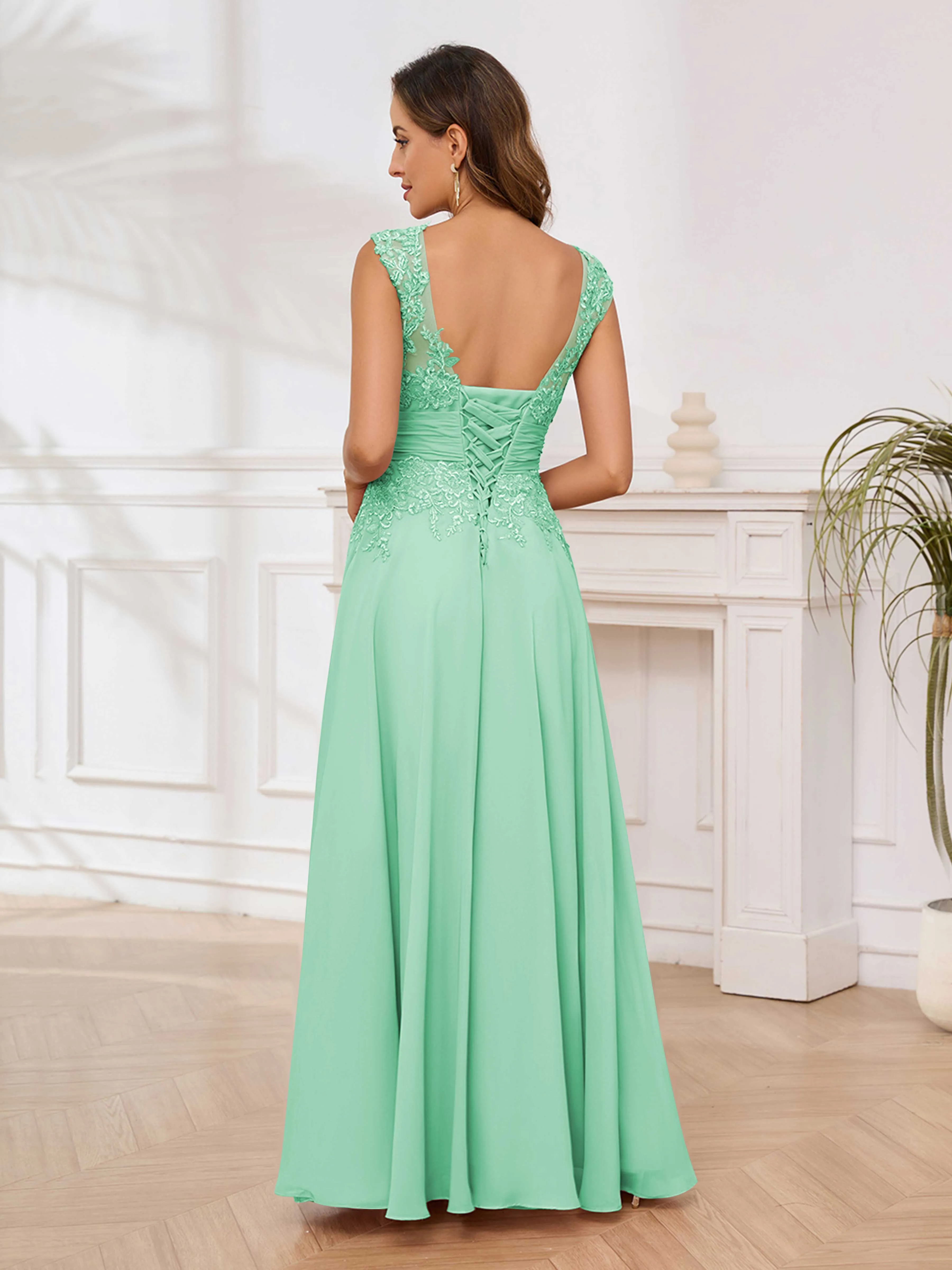 Ailani Delicate A-Line V Neck Lace Pleated Long Chiffon Mother of the Bride Dresses