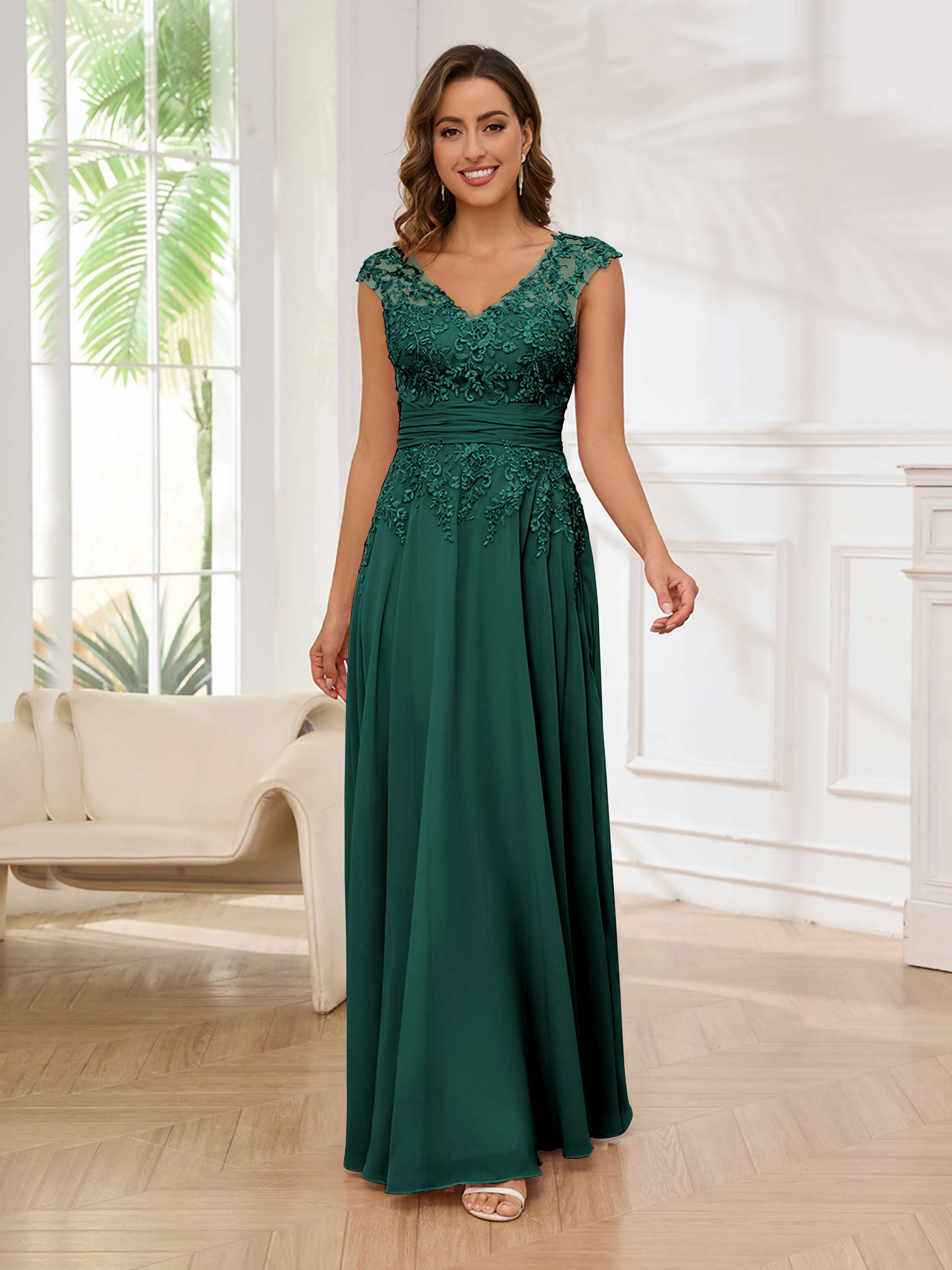Ailani Delicate A-Line V Neck Lace Pleated Long Chiffon Mother of the Bride Dresses