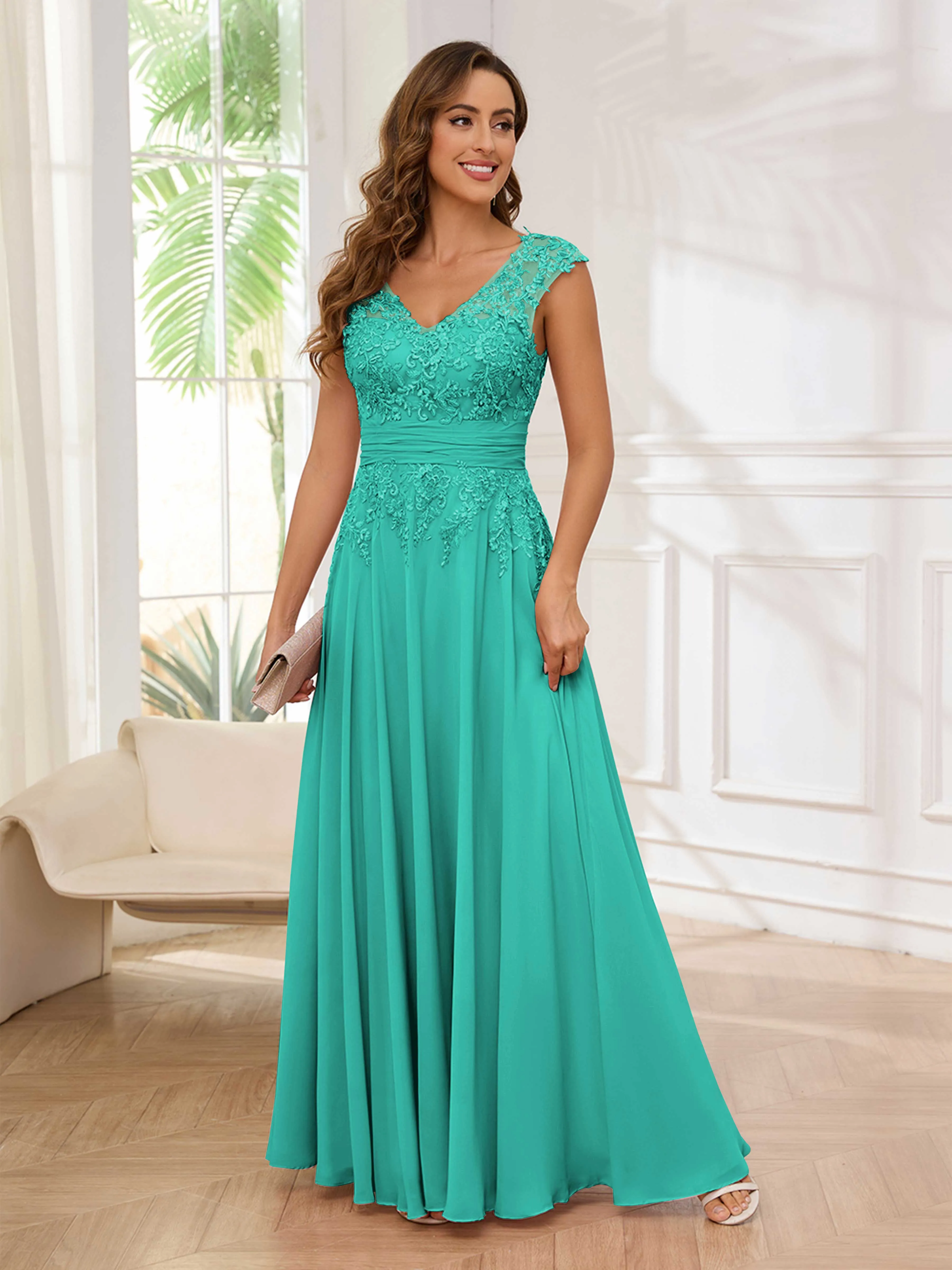 Ailani Delicate A-Line V Neck Lace Pleated Long Chiffon Mother of the Bride Dresses