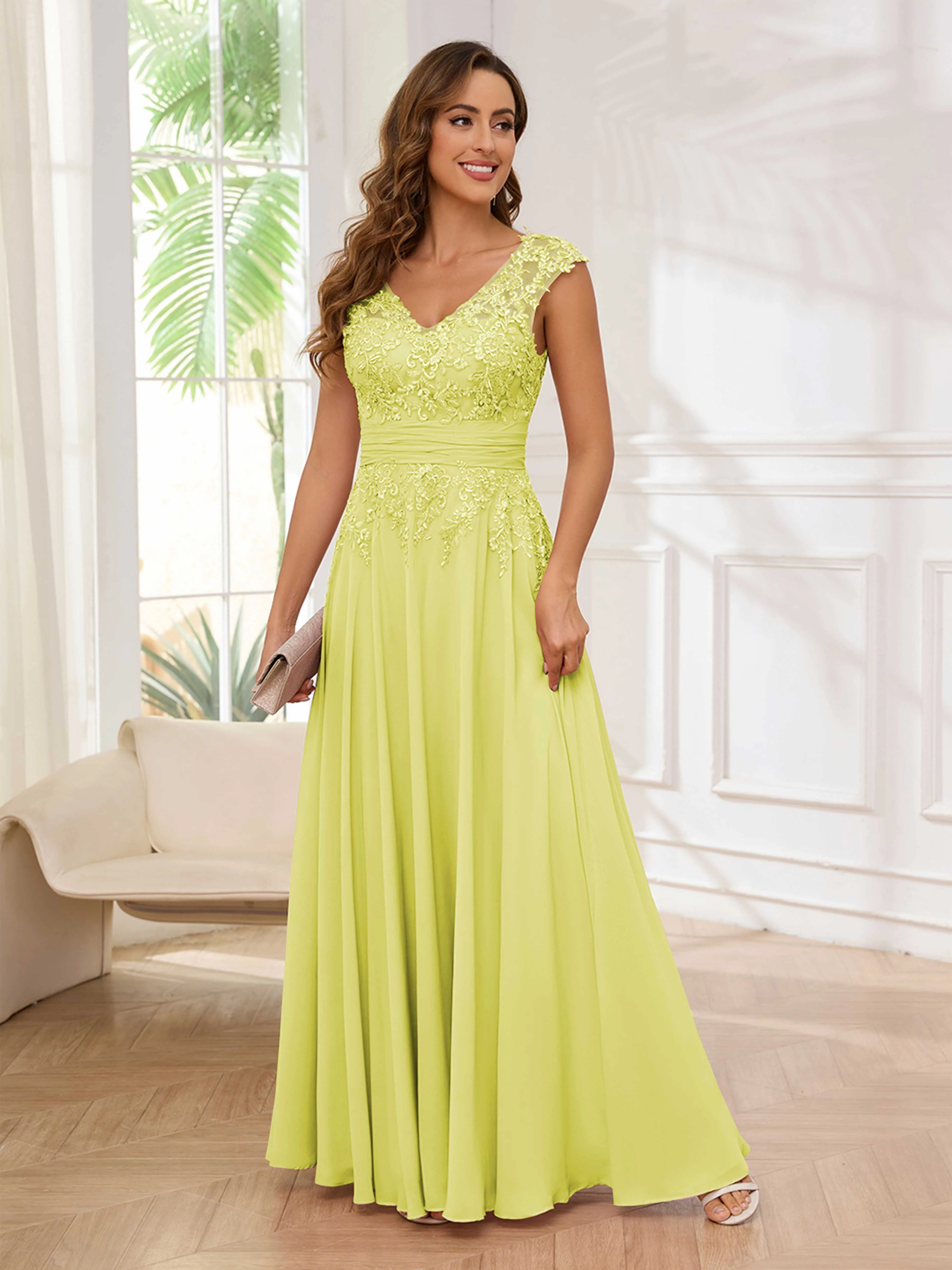 Ailani Delicate A-Line V Neck Lace Pleated Long Chiffon Mother of the Bride Dresses
