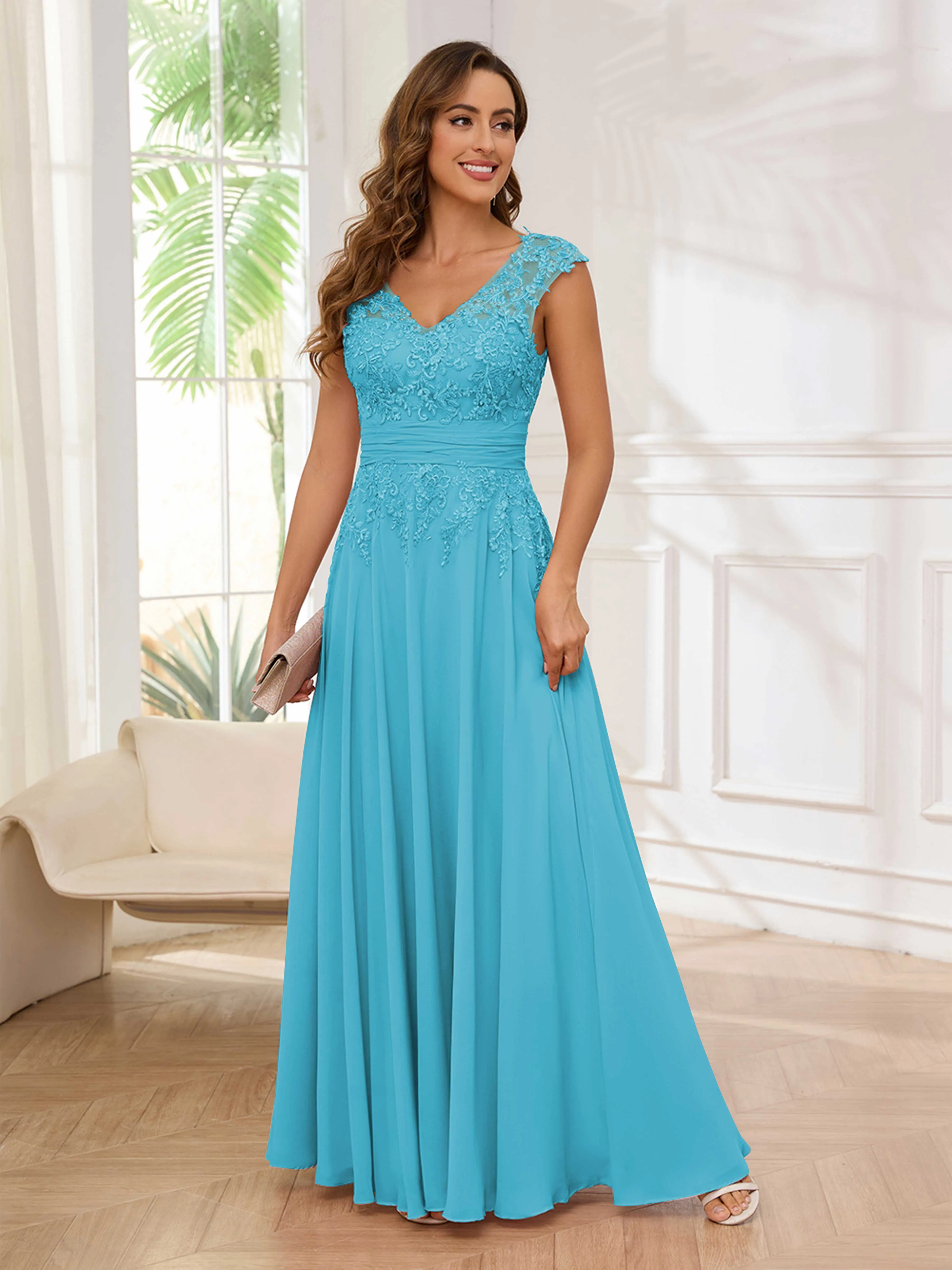 Ailani Delicate A-Line V Neck Lace Pleated Long Chiffon Mother of the Bride Dresses