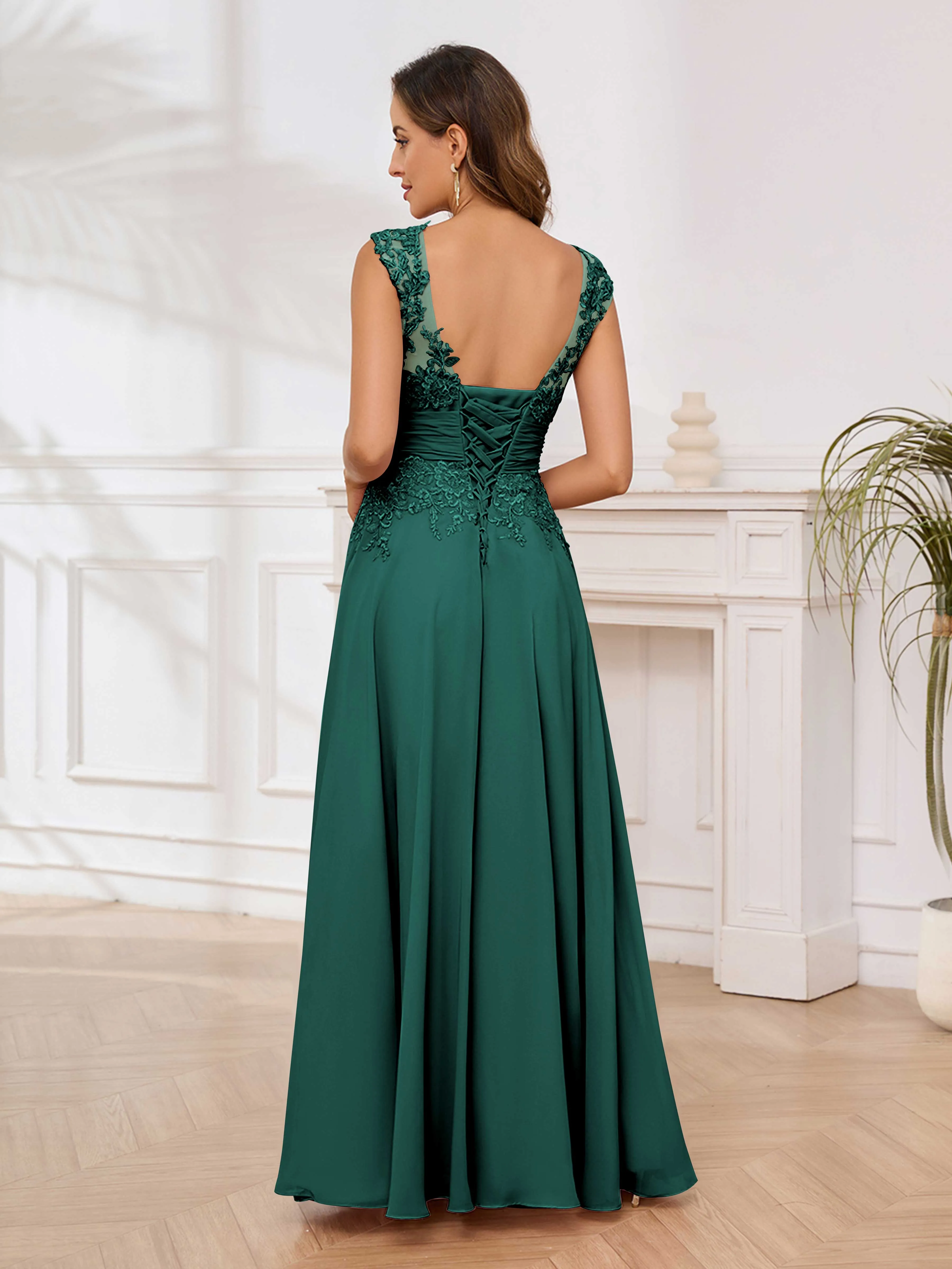 Ailani Delicate A-Line V Neck Lace Pleated Long Chiffon Mother of the Bride Dresses
