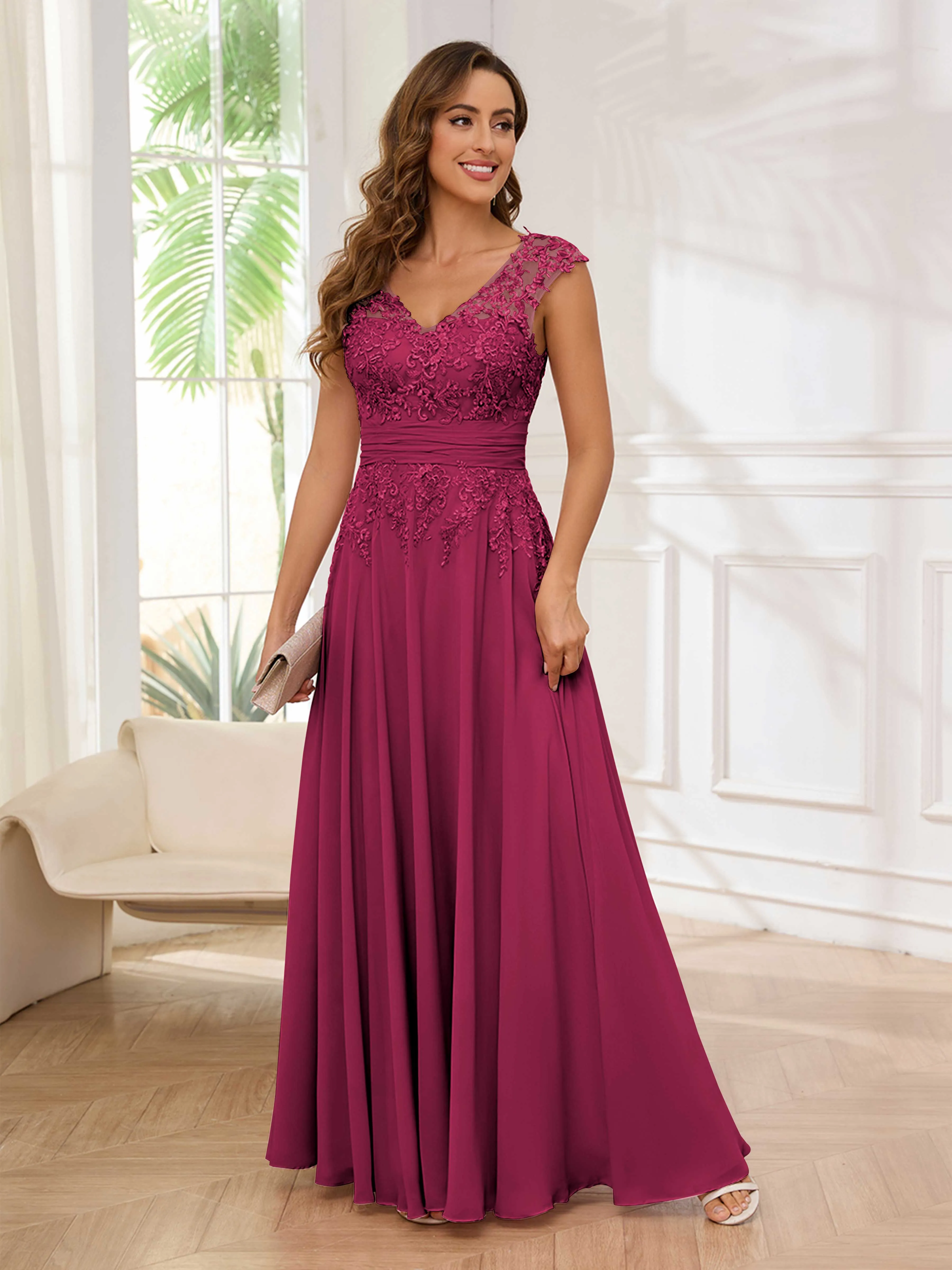 Ailani Delicate A-Line V Neck Lace Pleated Long Chiffon Mother of the Bride Dresses