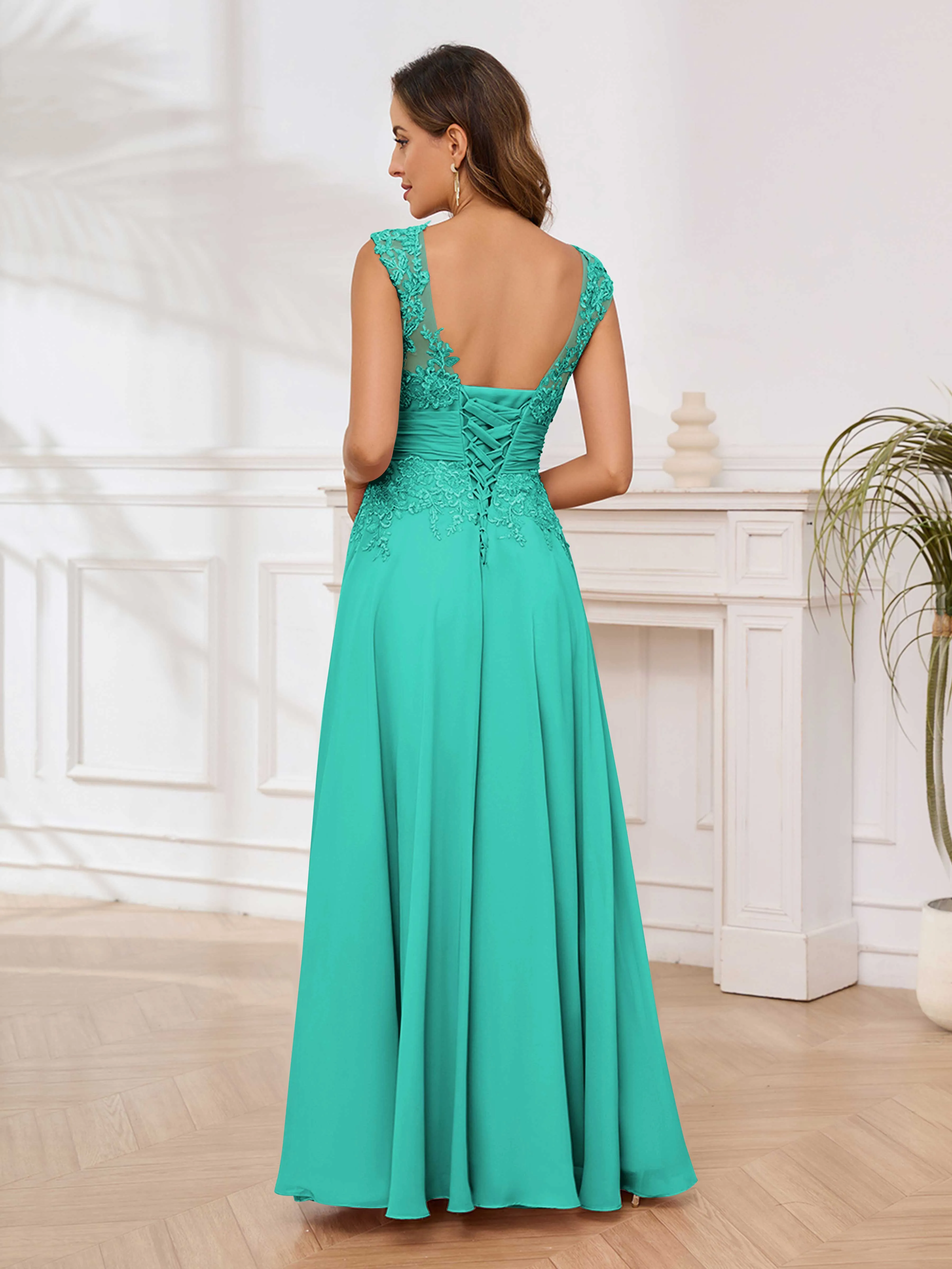Ailani Delicate A-Line V Neck Lace Pleated Long Chiffon Mother of the Bride Dresses