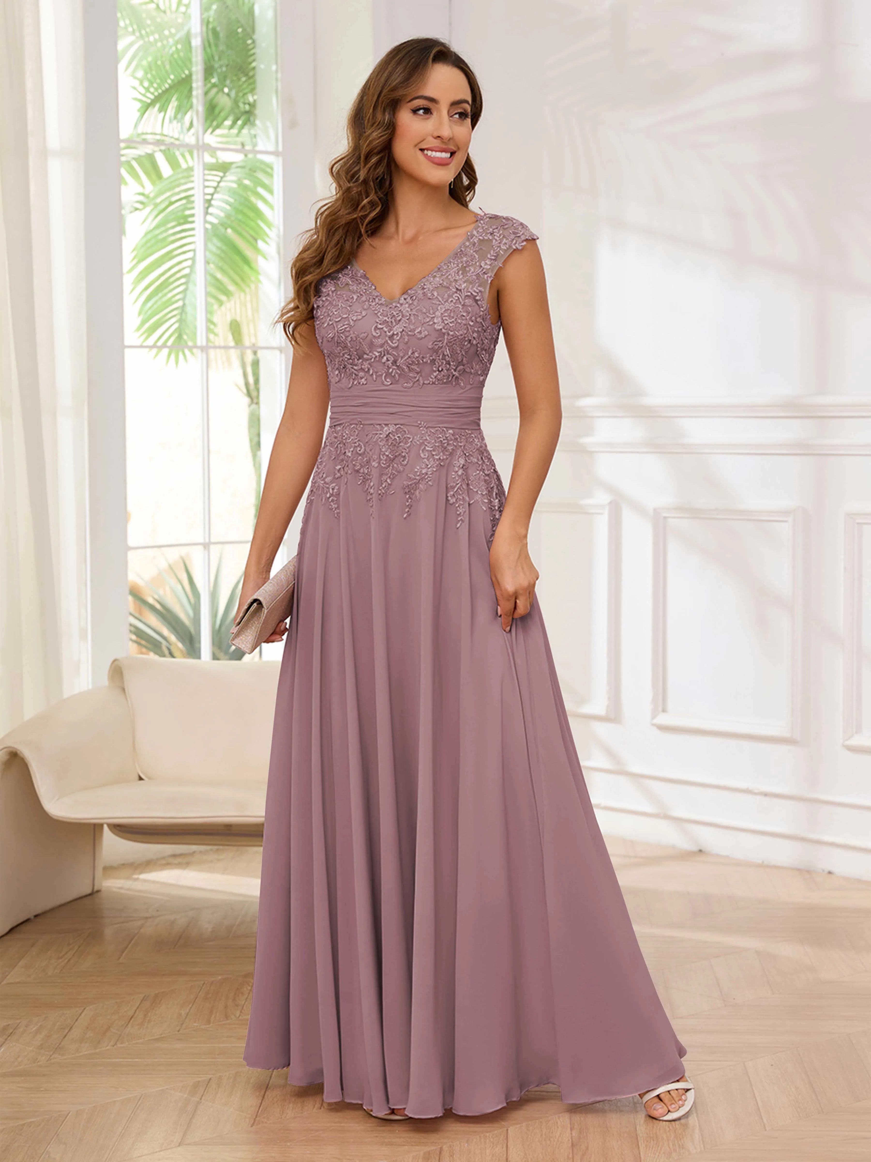 Ailani Delicate A-Line V Neck Lace Pleated Long Chiffon Mother of the Bride Dresses