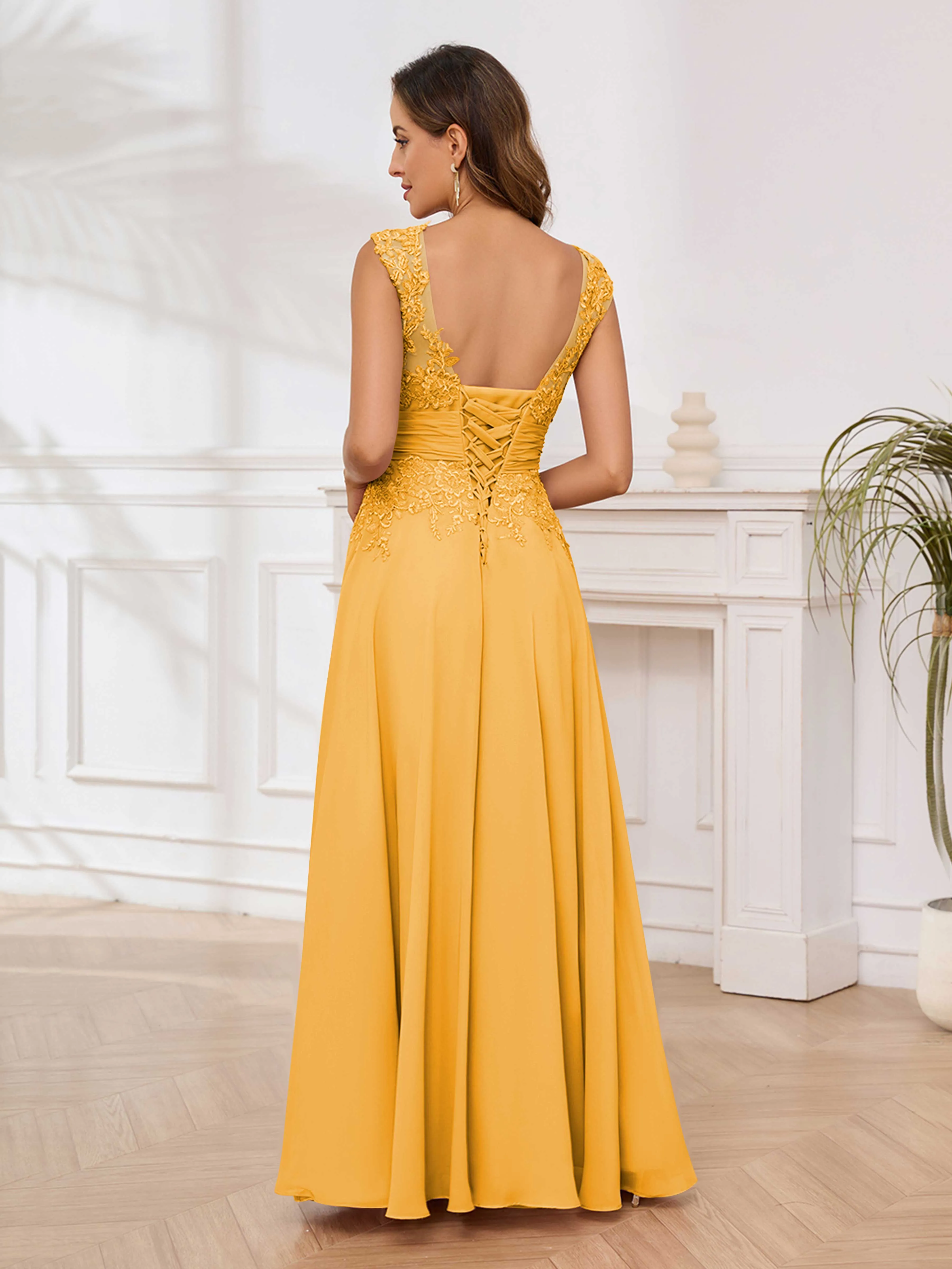 Ailani Delicate A-Line V Neck Lace Pleated Long Chiffon Mother of the Bride Dresses