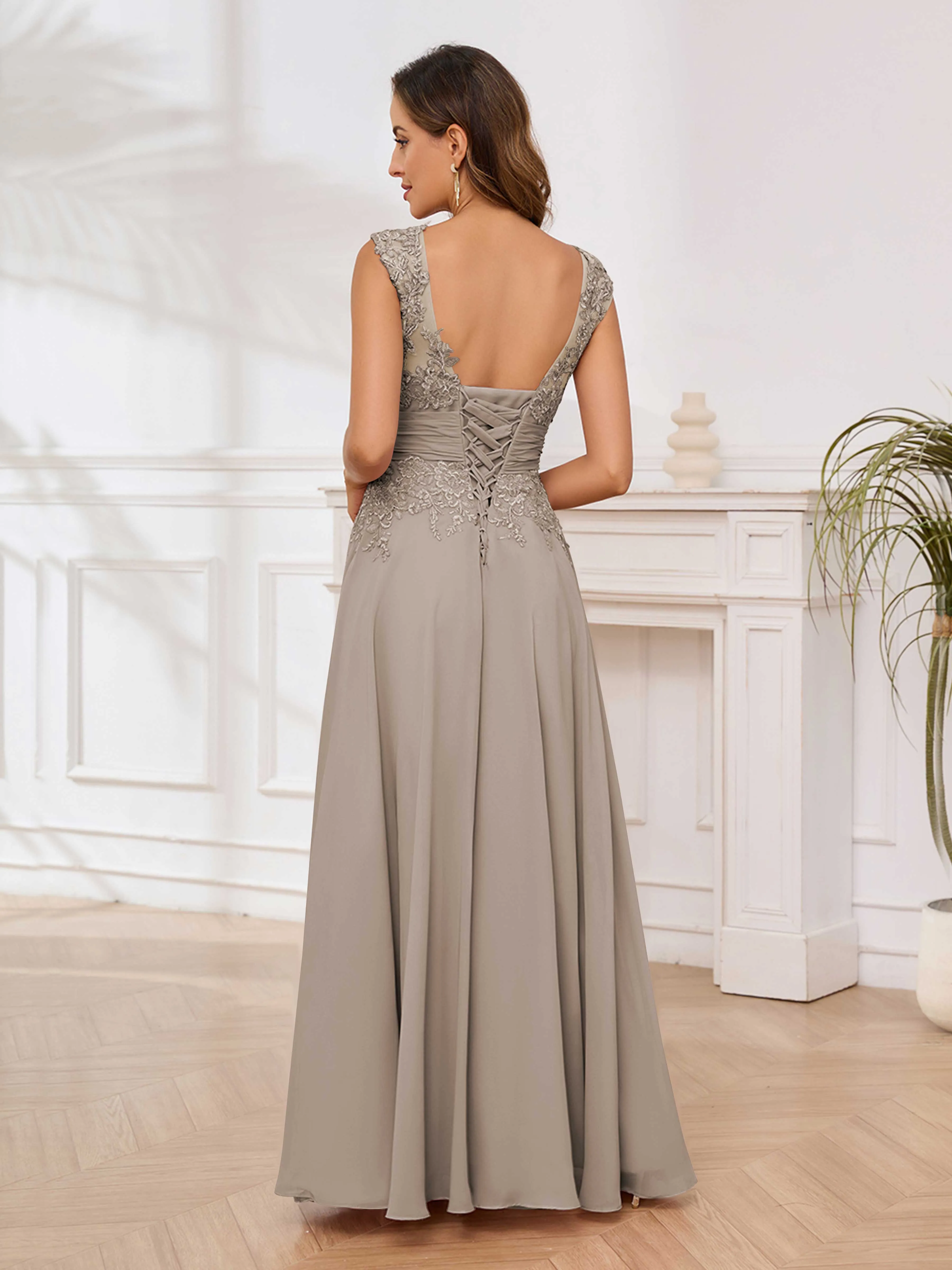 Ailani Delicate A-Line V Neck Lace Pleated Long Chiffon Mother of the Bride Dresses