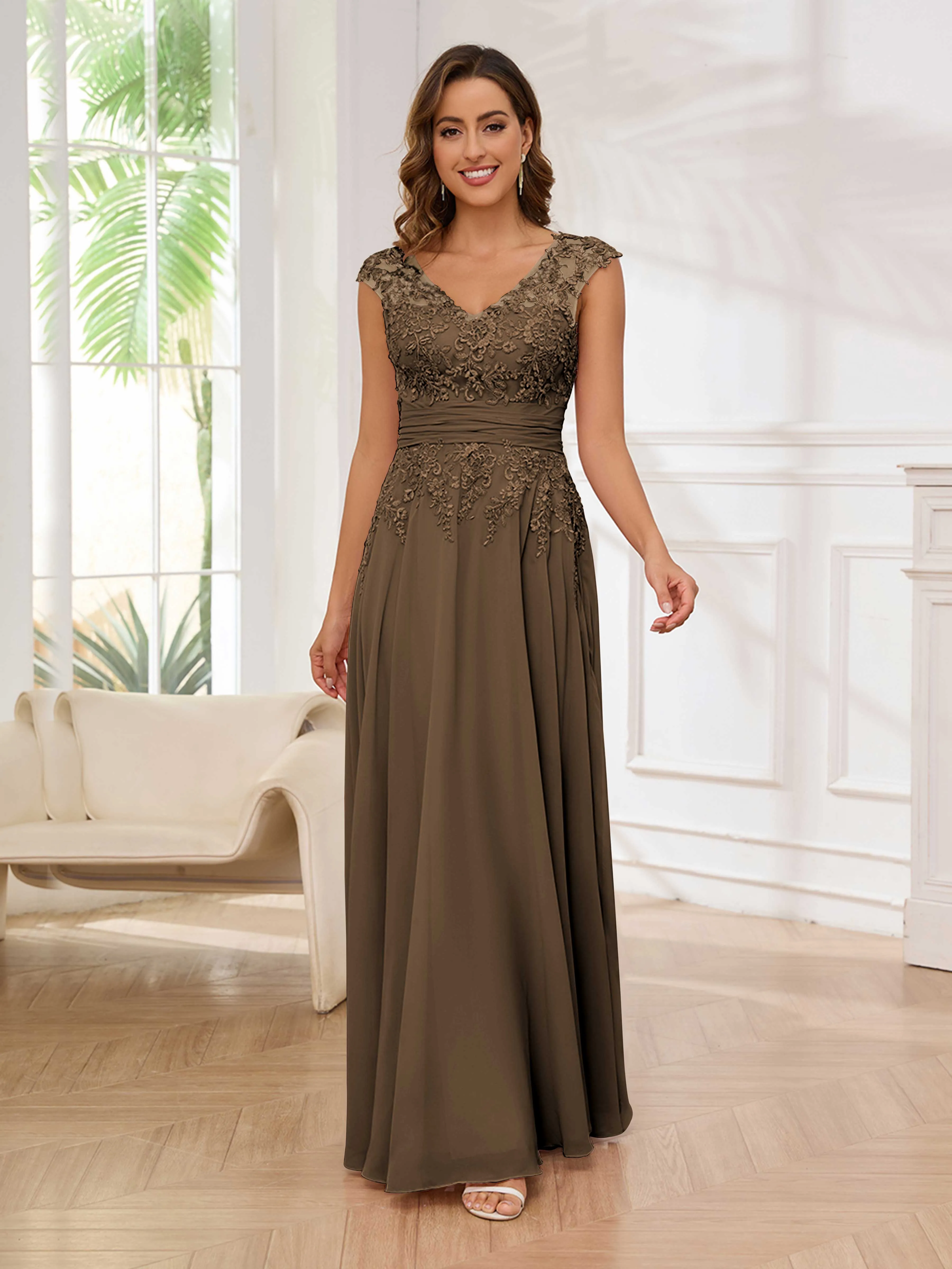 Ailani Delicate A-Line V Neck Lace Pleated Long Chiffon Mother of the Bride Dresses