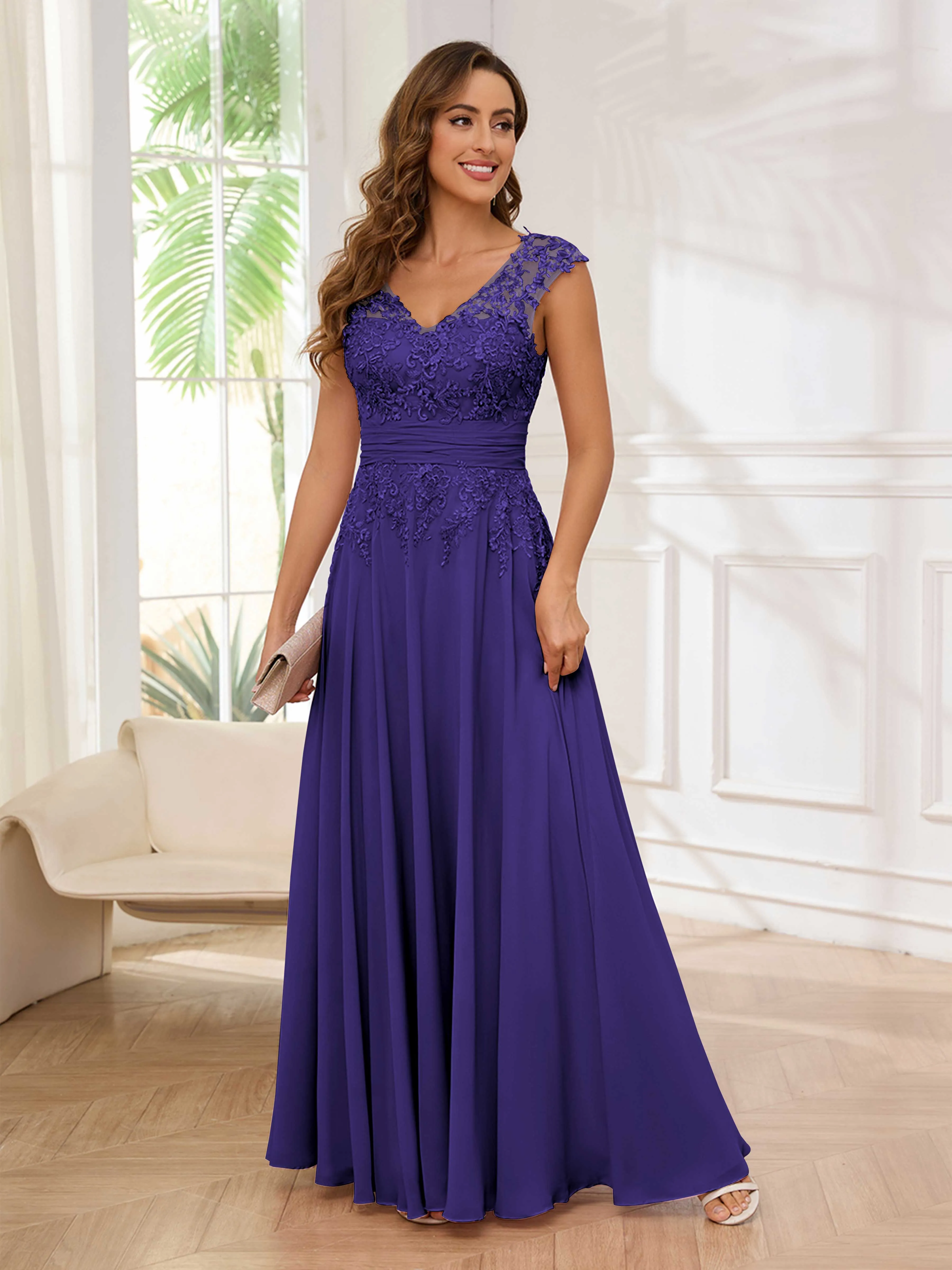 Ailani Delicate A-Line V Neck Lace Pleated Long Chiffon Mother of the Bride Dresses