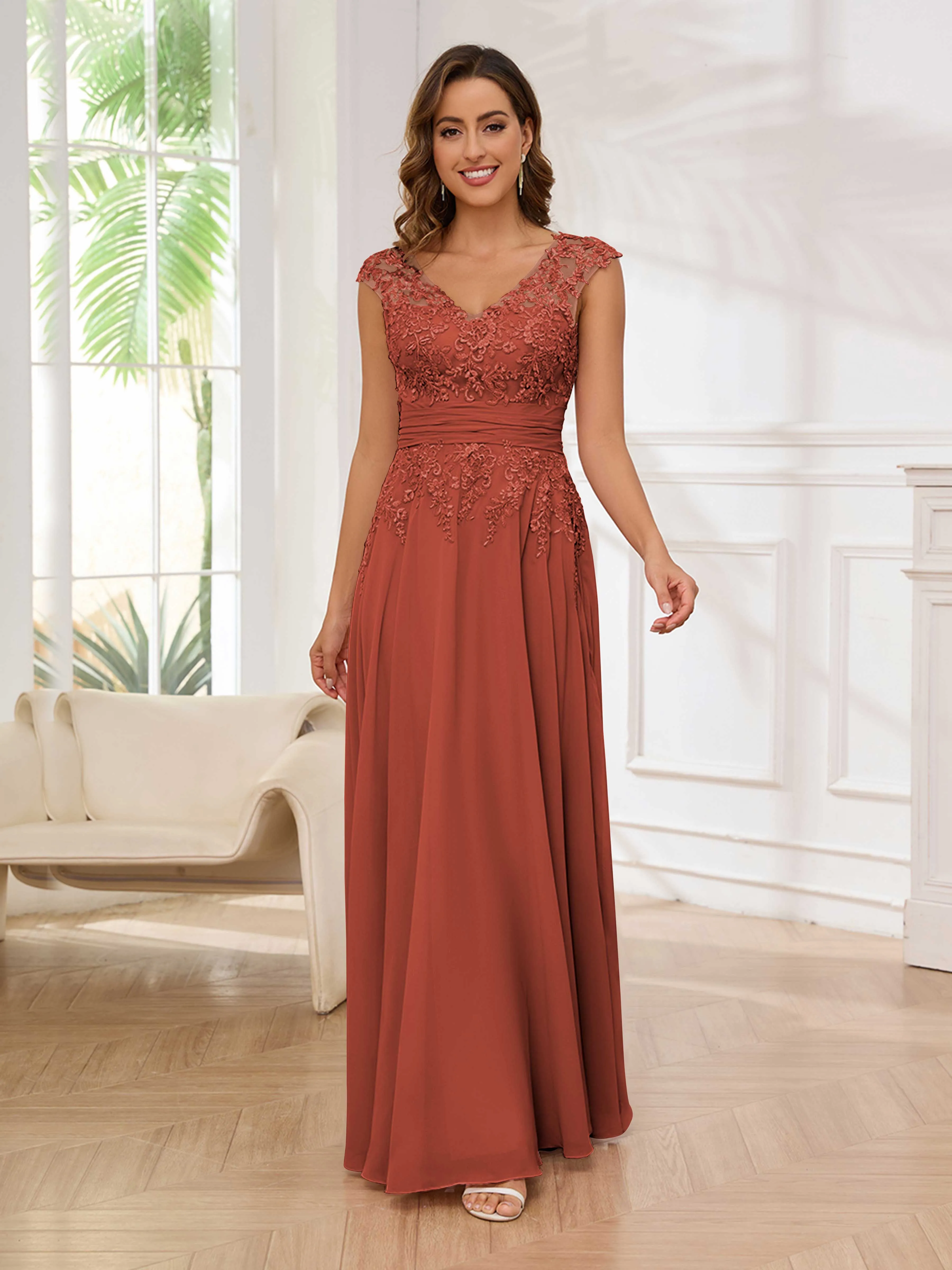 Ailani Delicate A-Line V Neck Lace Pleated Long Chiffon Mother of the Bride Dresses