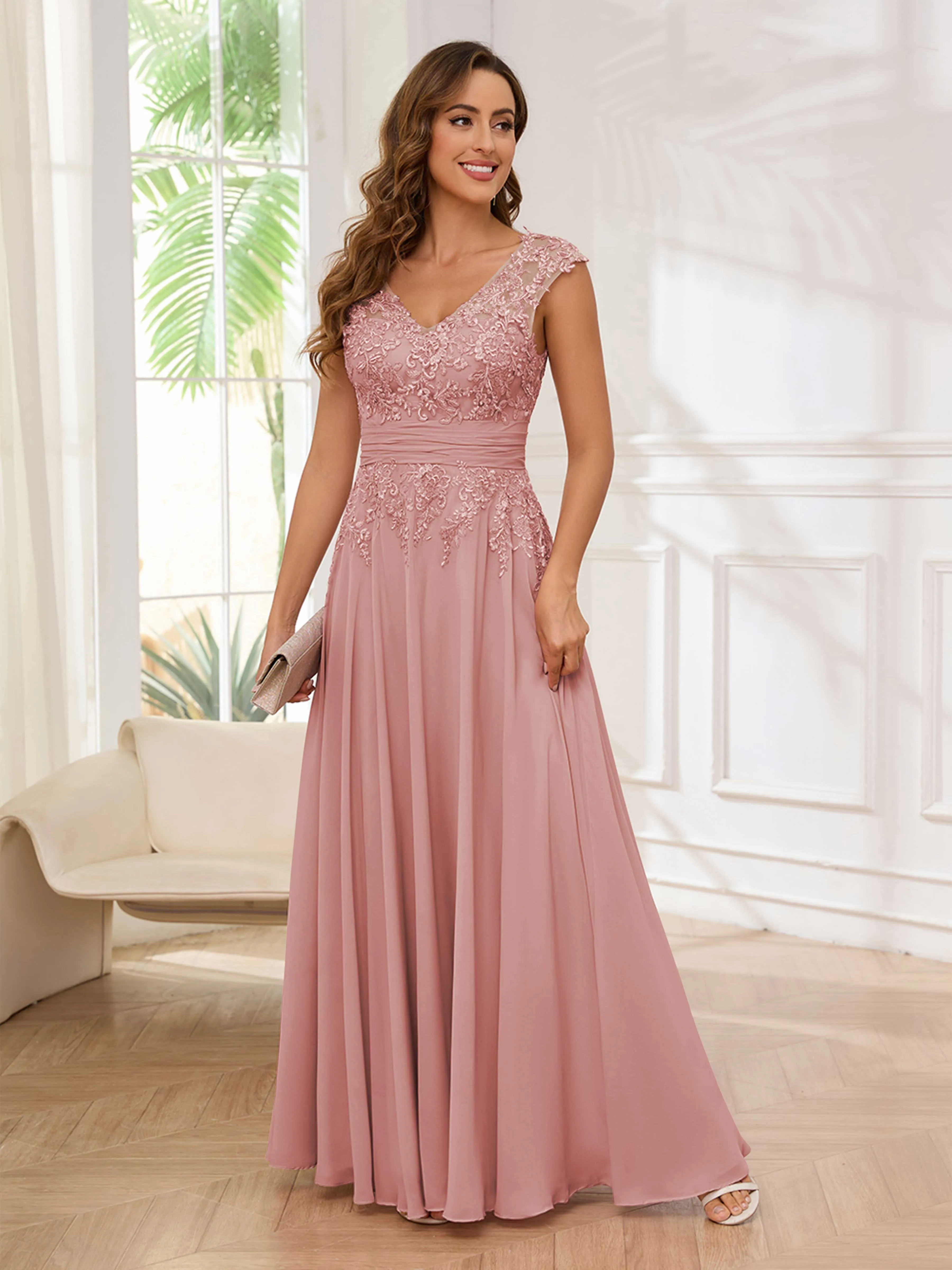 Ailani Delicate A-Line V Neck Lace Pleated Long Chiffon Mother of the Bride Dresses