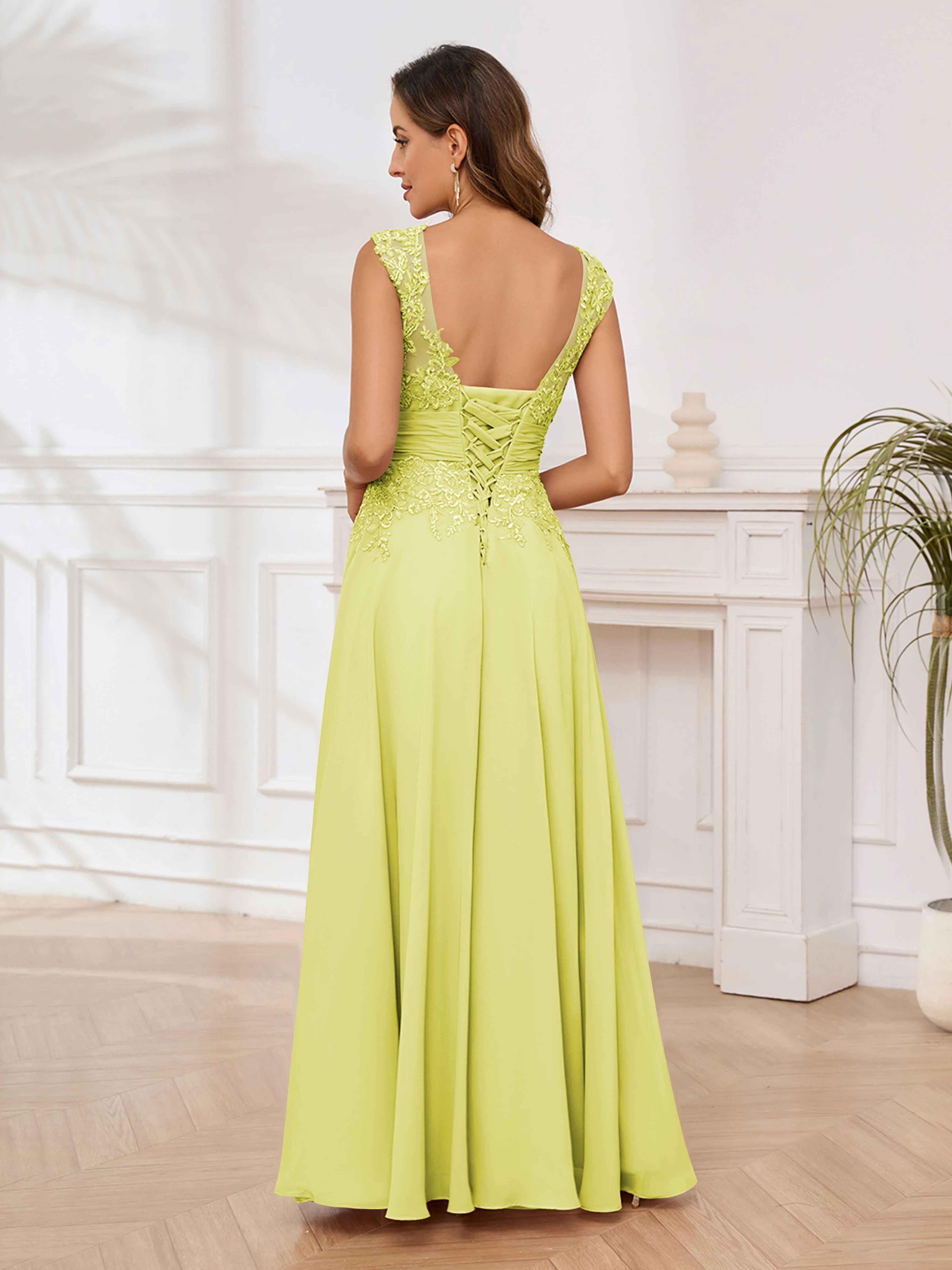 Ailani Delicate A-Line V Neck Lace Pleated Long Chiffon Mother of the Bride Dresses