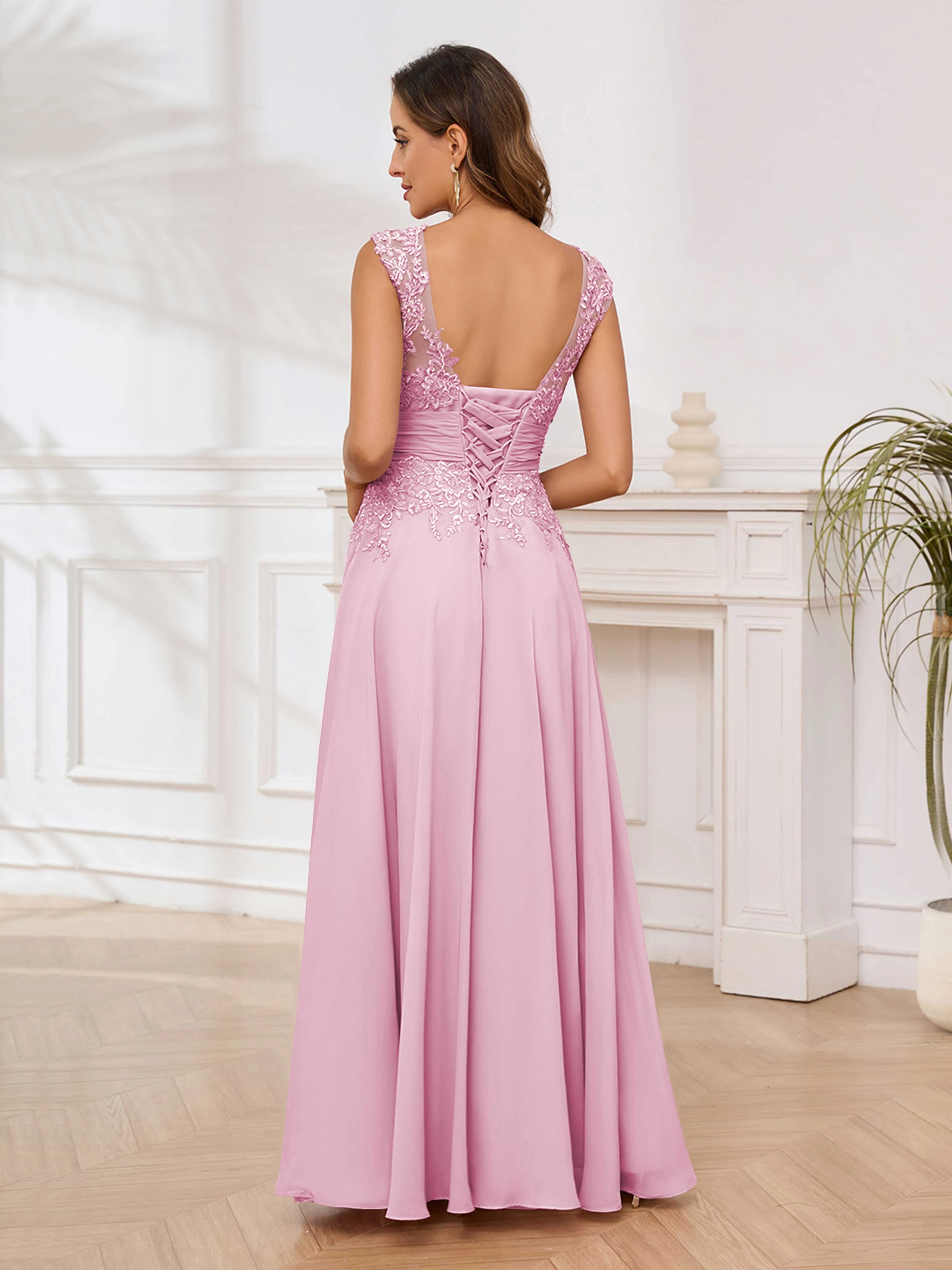 Ailani Delicate A-Line V Neck Lace Pleated Long Chiffon Mother of the Bride Dresses