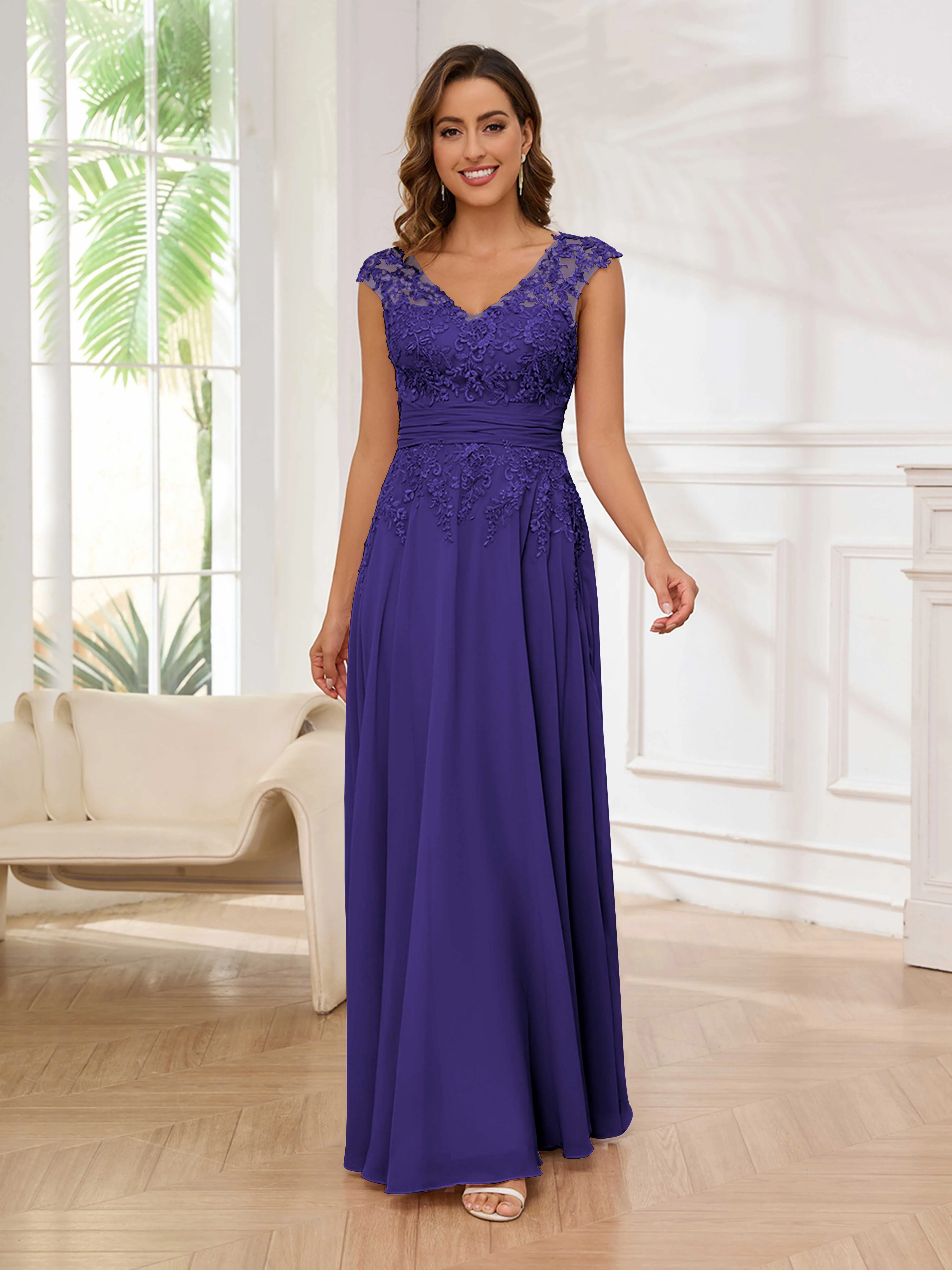 Ailani Delicate A-Line V Neck Lace Pleated Long Chiffon Mother of the Bride Dresses