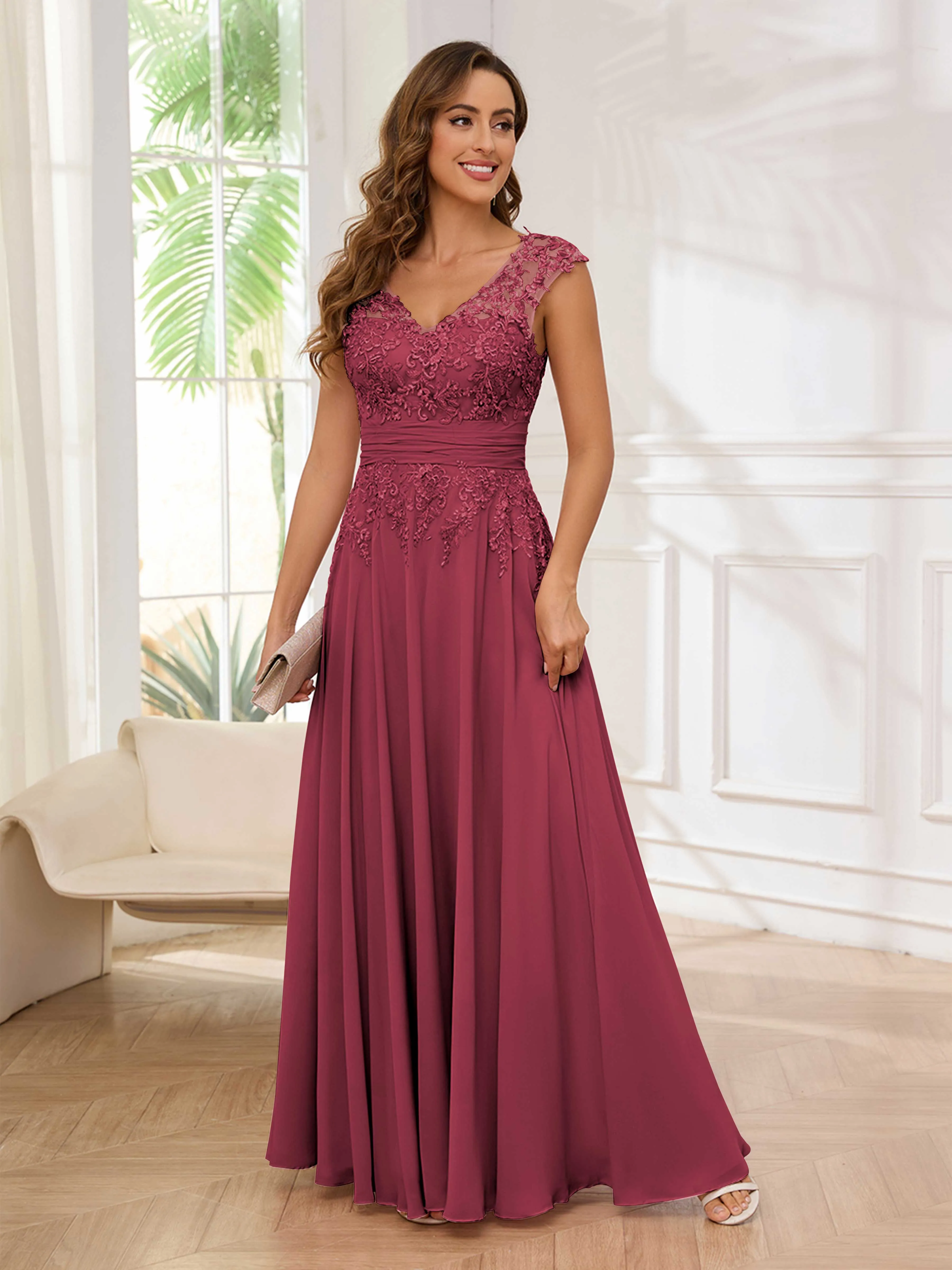 Ailani Delicate A-Line V Neck Lace Pleated Long Chiffon Mother of the Bride Dresses