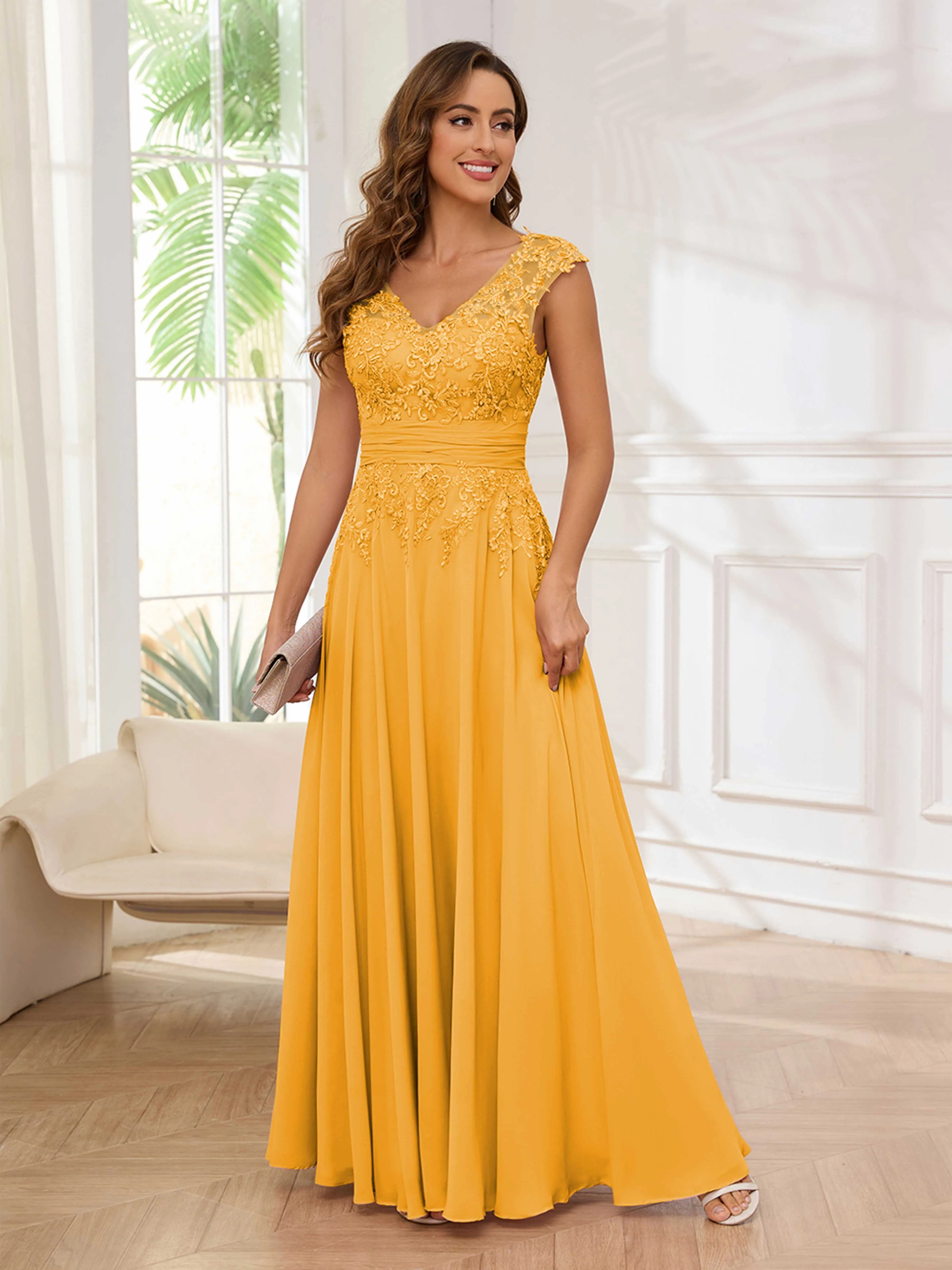 Ailani Delicate A-Line V Neck Lace Pleated Long Chiffon Mother of the Bride Dresses