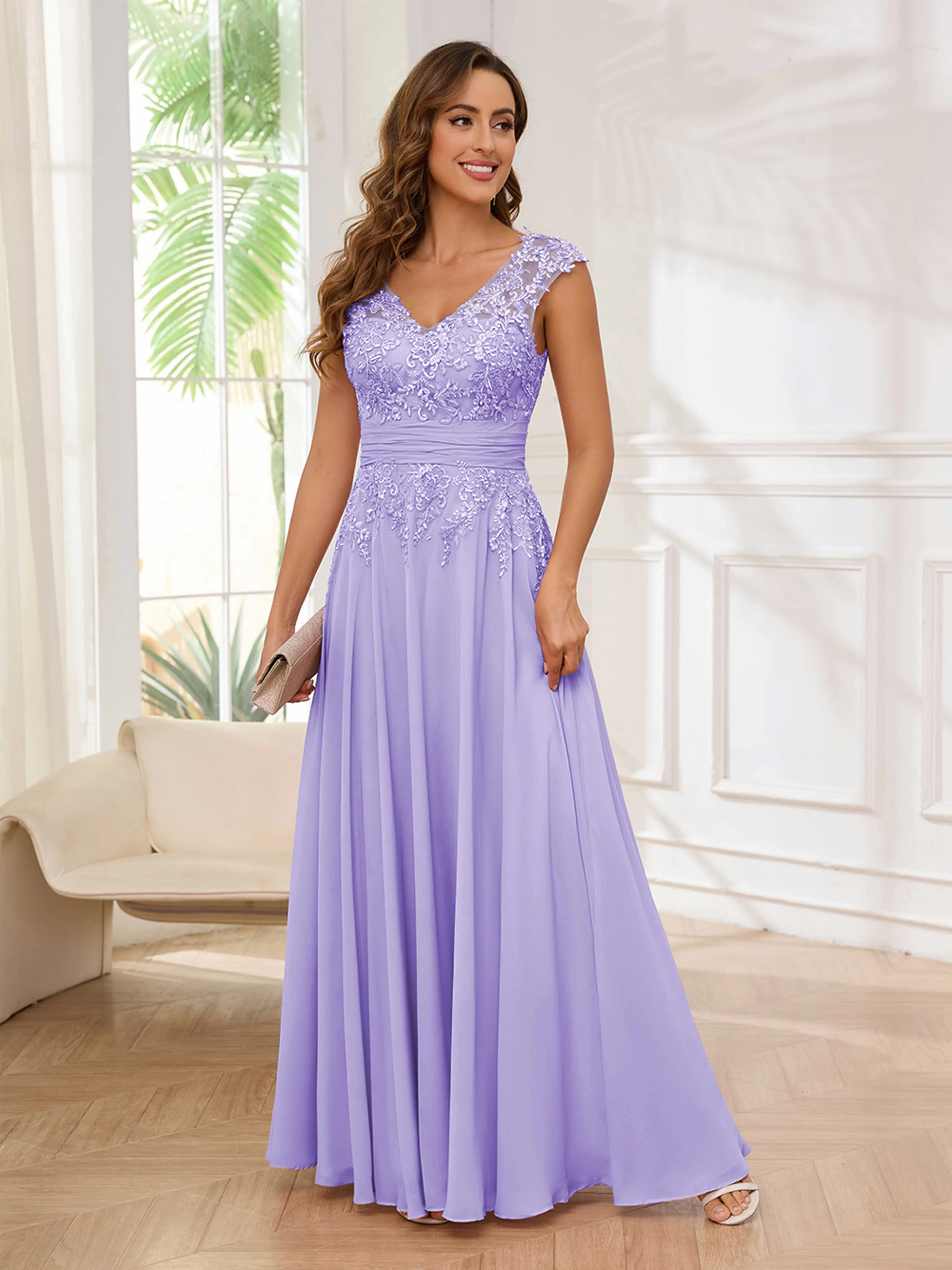 Ailani Delicate A-Line V Neck Lace Pleated Long Chiffon Mother of the Bride Dresses