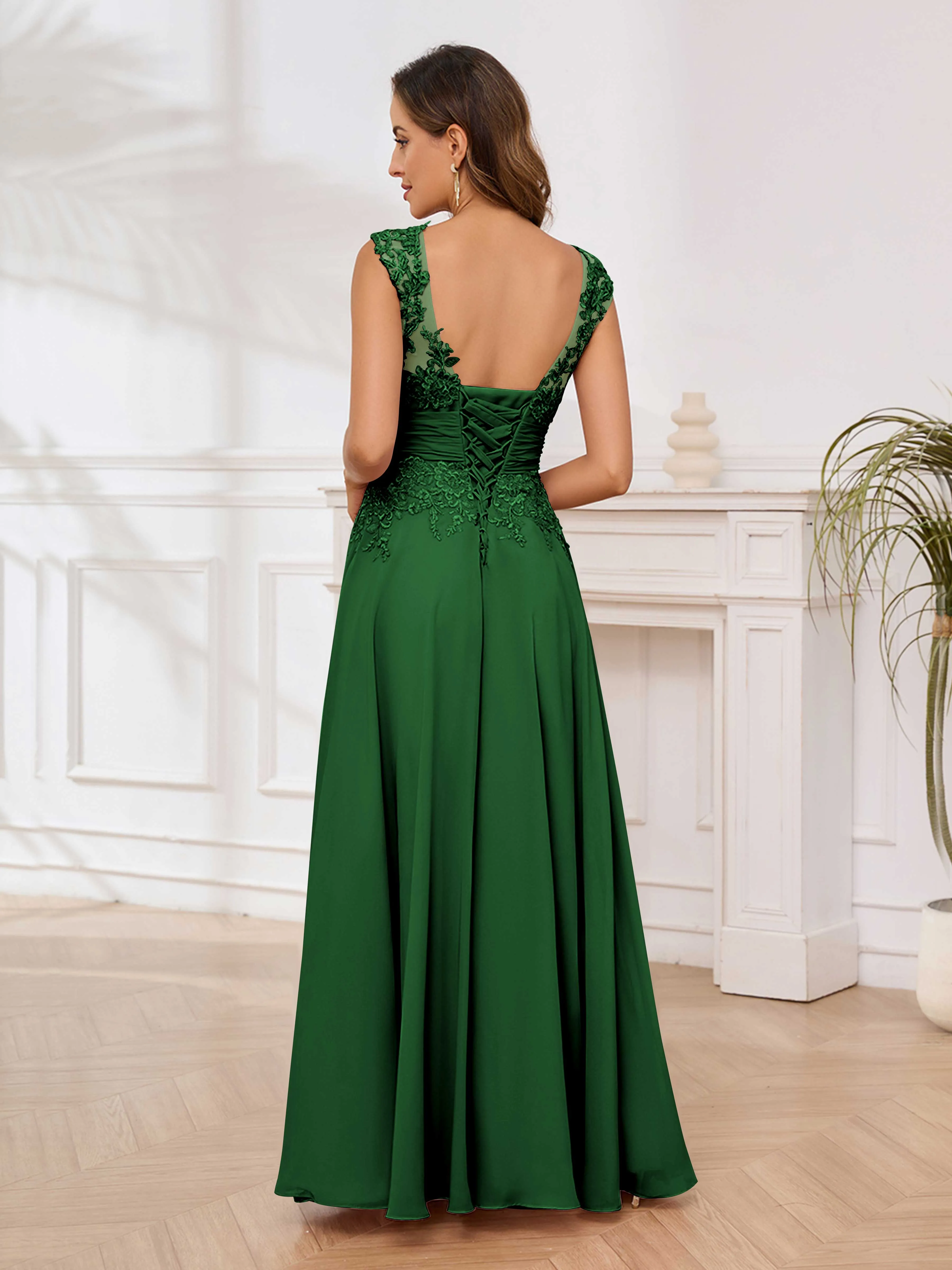Ailani Delicate A-Line V Neck Lace Pleated Long Chiffon Mother of the Bride Dresses