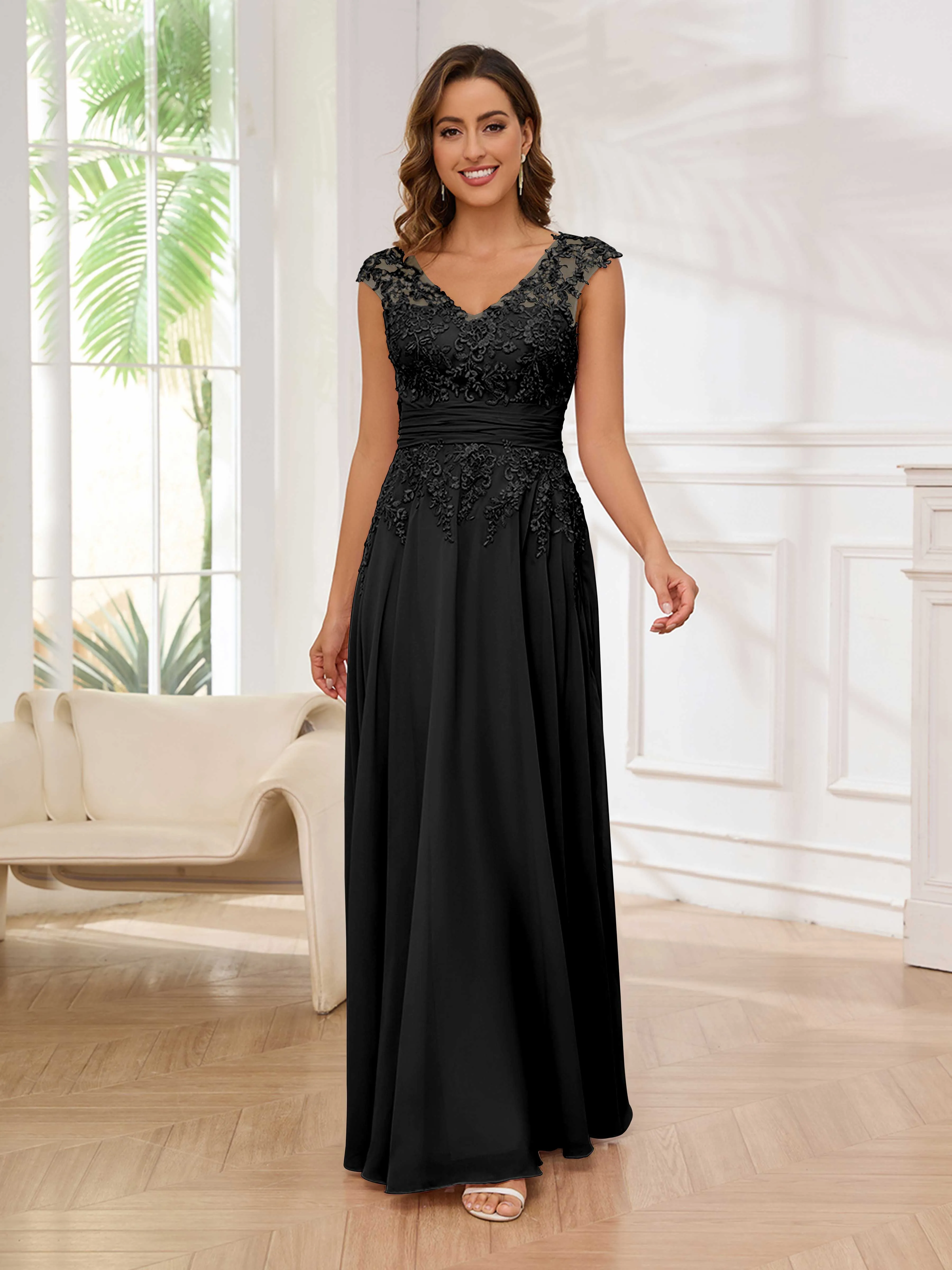 Ailani Delicate A-Line V Neck Lace Pleated Long Chiffon Mother of the Bride Dresses
