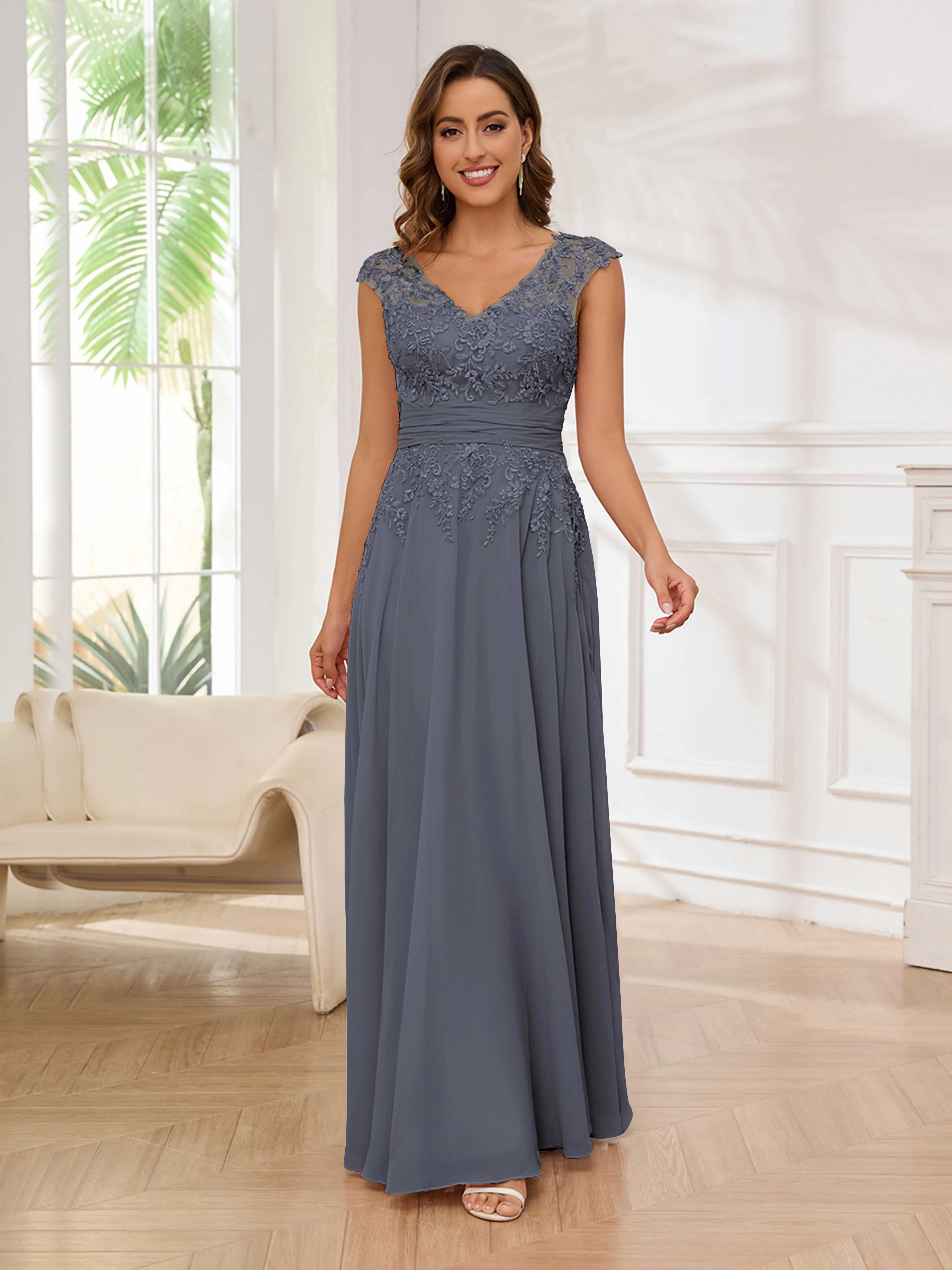 Ailani Delicate A-Line V Neck Lace Pleated Long Chiffon Mother of the Bride Dresses