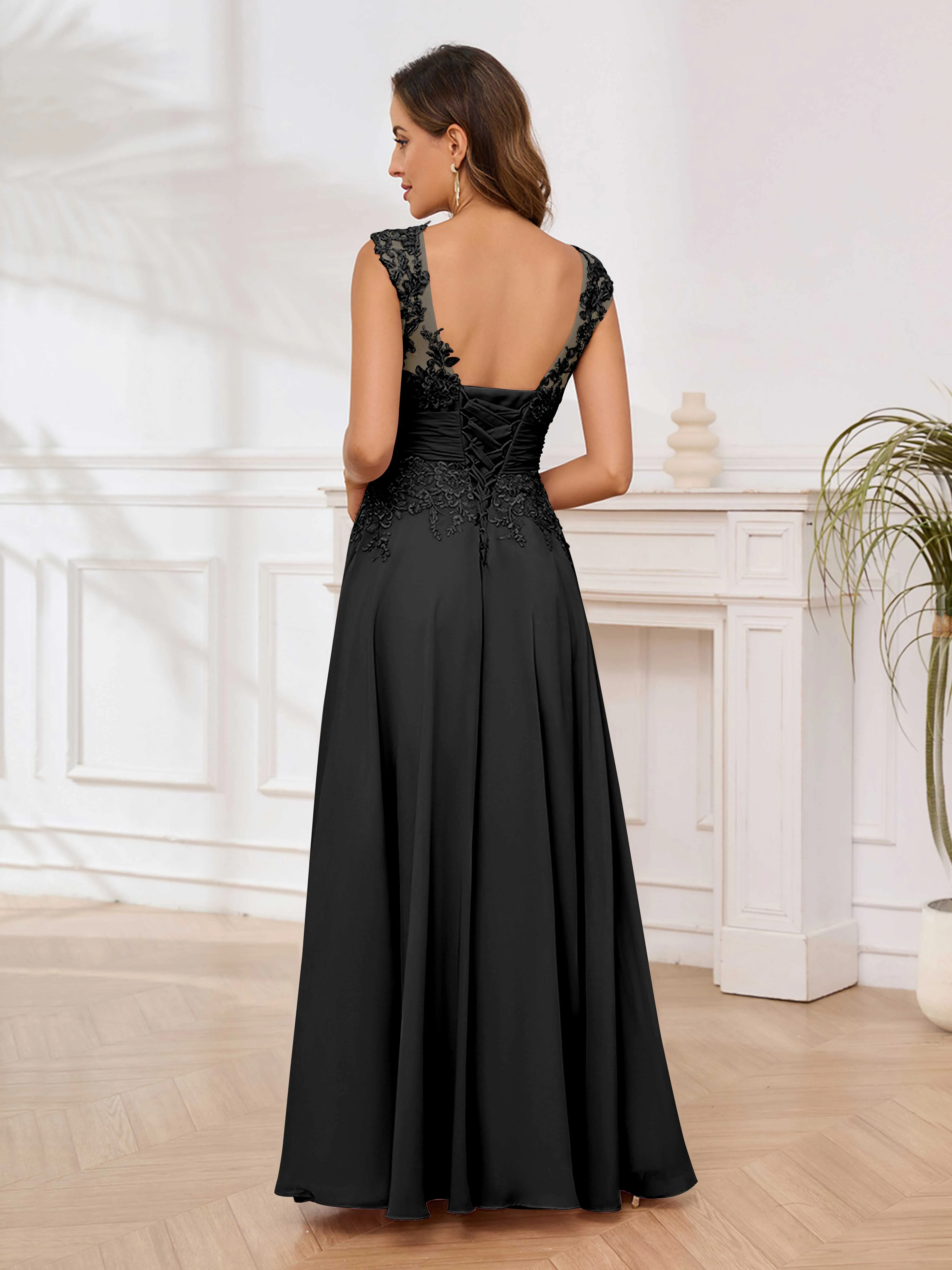 Ailani Delicate A-Line V Neck Lace Pleated Long Chiffon Mother of the Bride Dresses