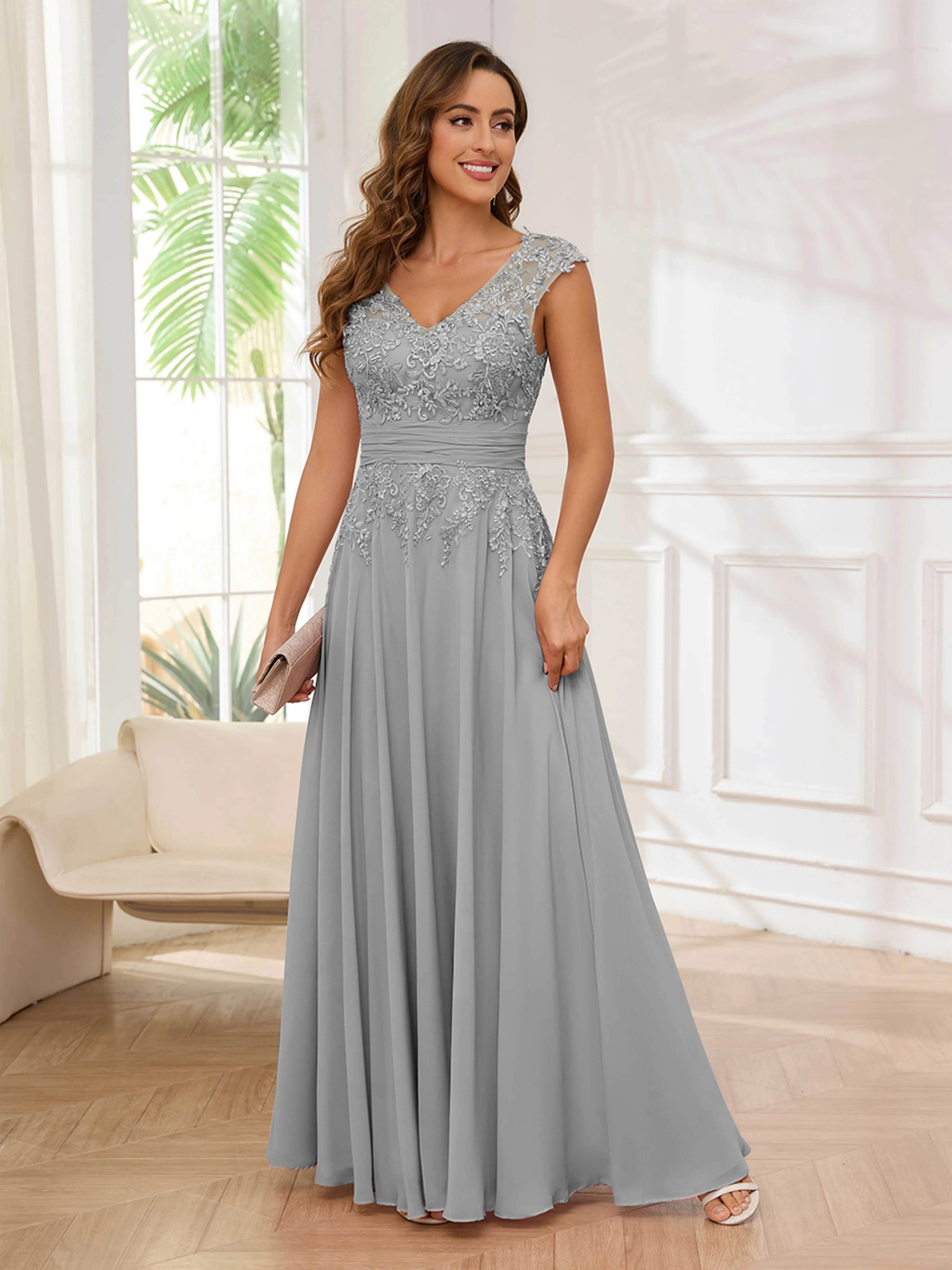 Ailani Delicate A-Line V Neck Lace Pleated Long Chiffon Mother of the Bride Dresses