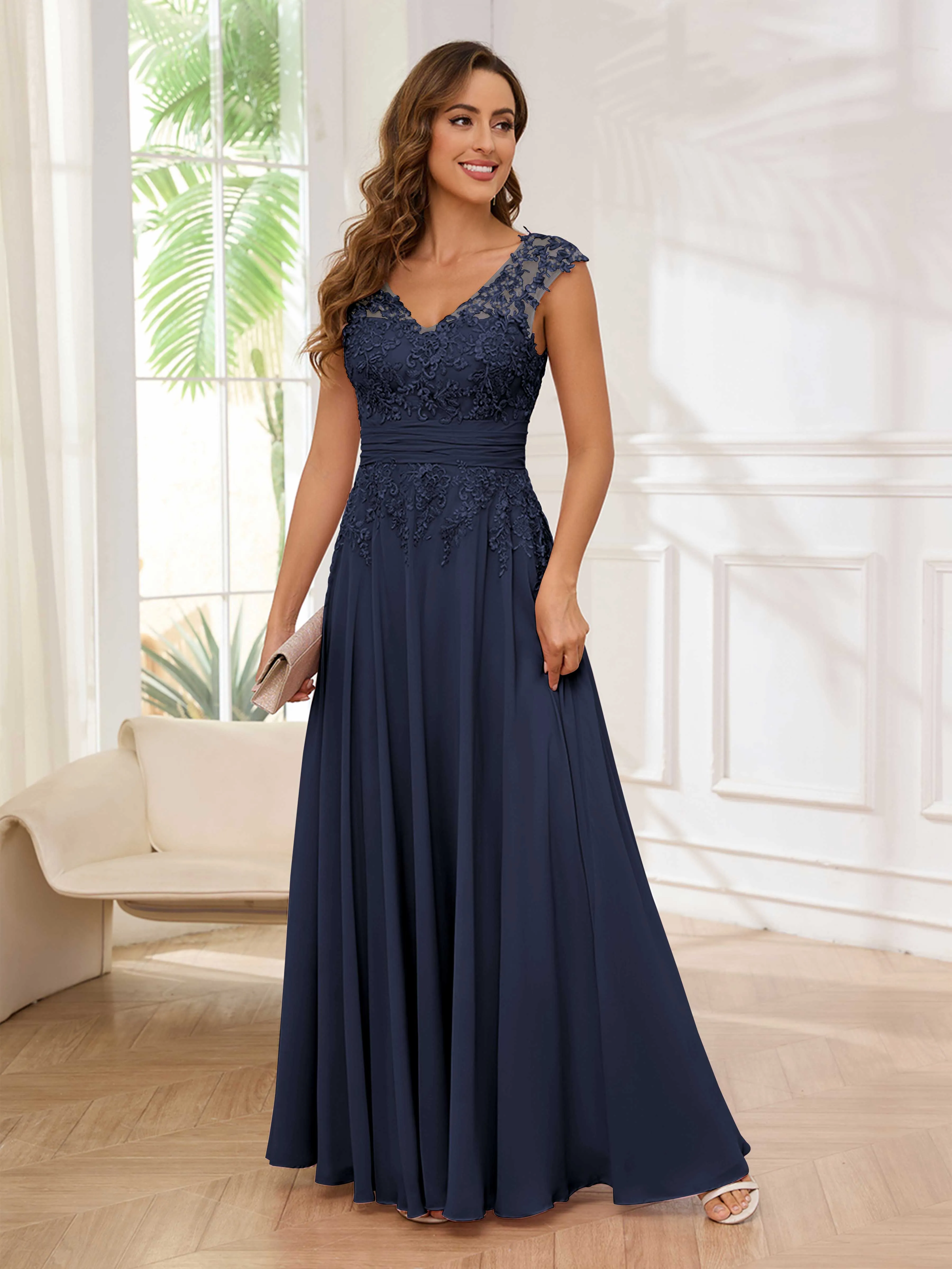 Ailani Delicate A-Line V Neck Lace Pleated Long Chiffon Mother of the Bride Dresses