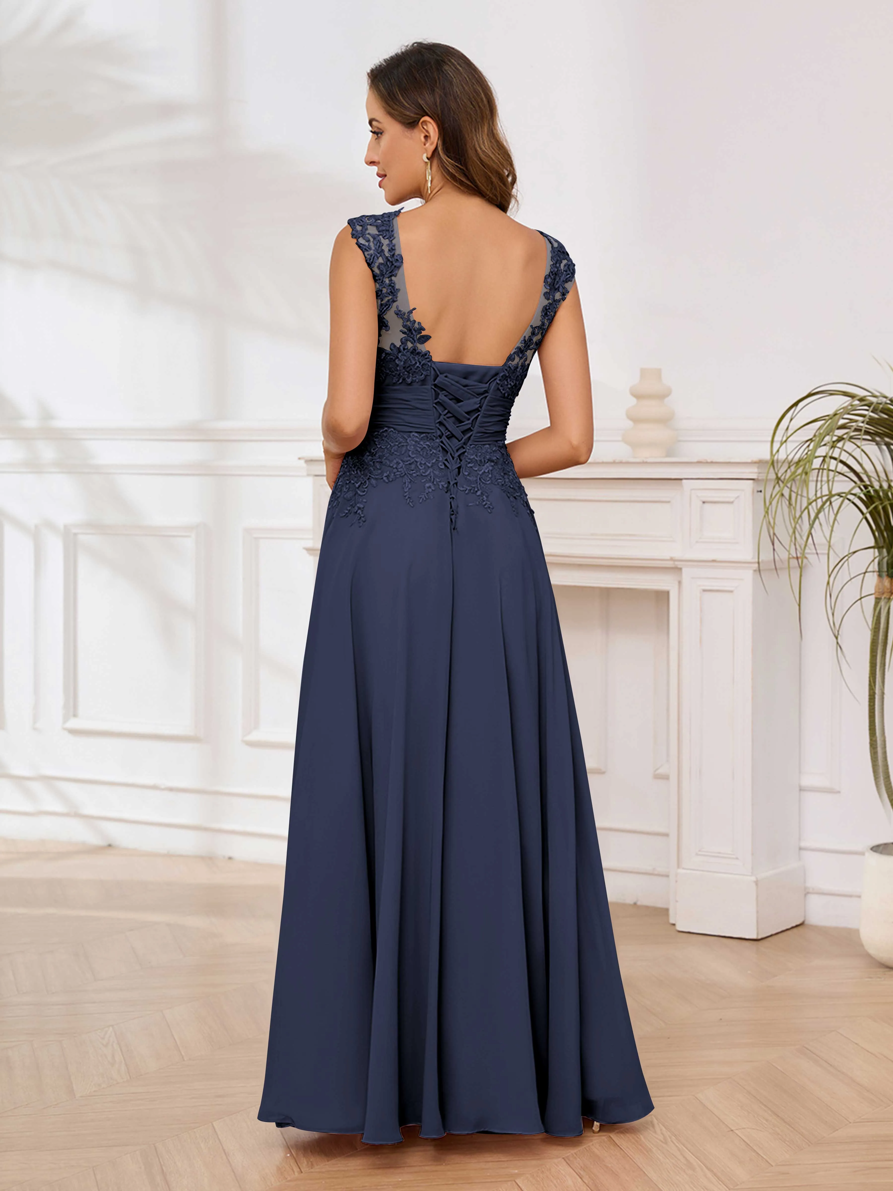 Ailani Delicate A-Line V Neck Lace Pleated Long Chiffon Mother of the Bride Dresses