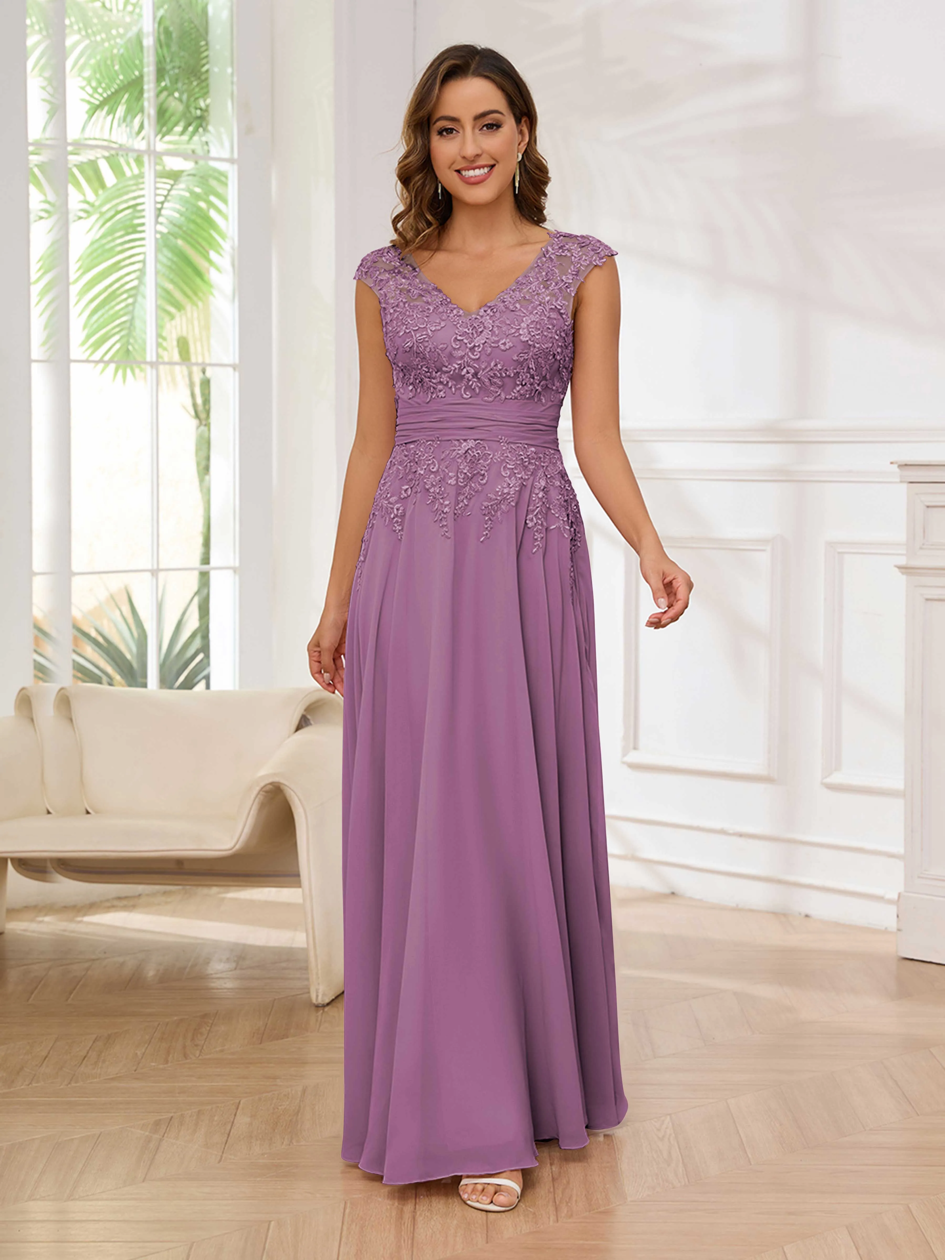Ailani Delicate A-Line V Neck Lace Pleated Long Chiffon Mother of the Bride Dresses