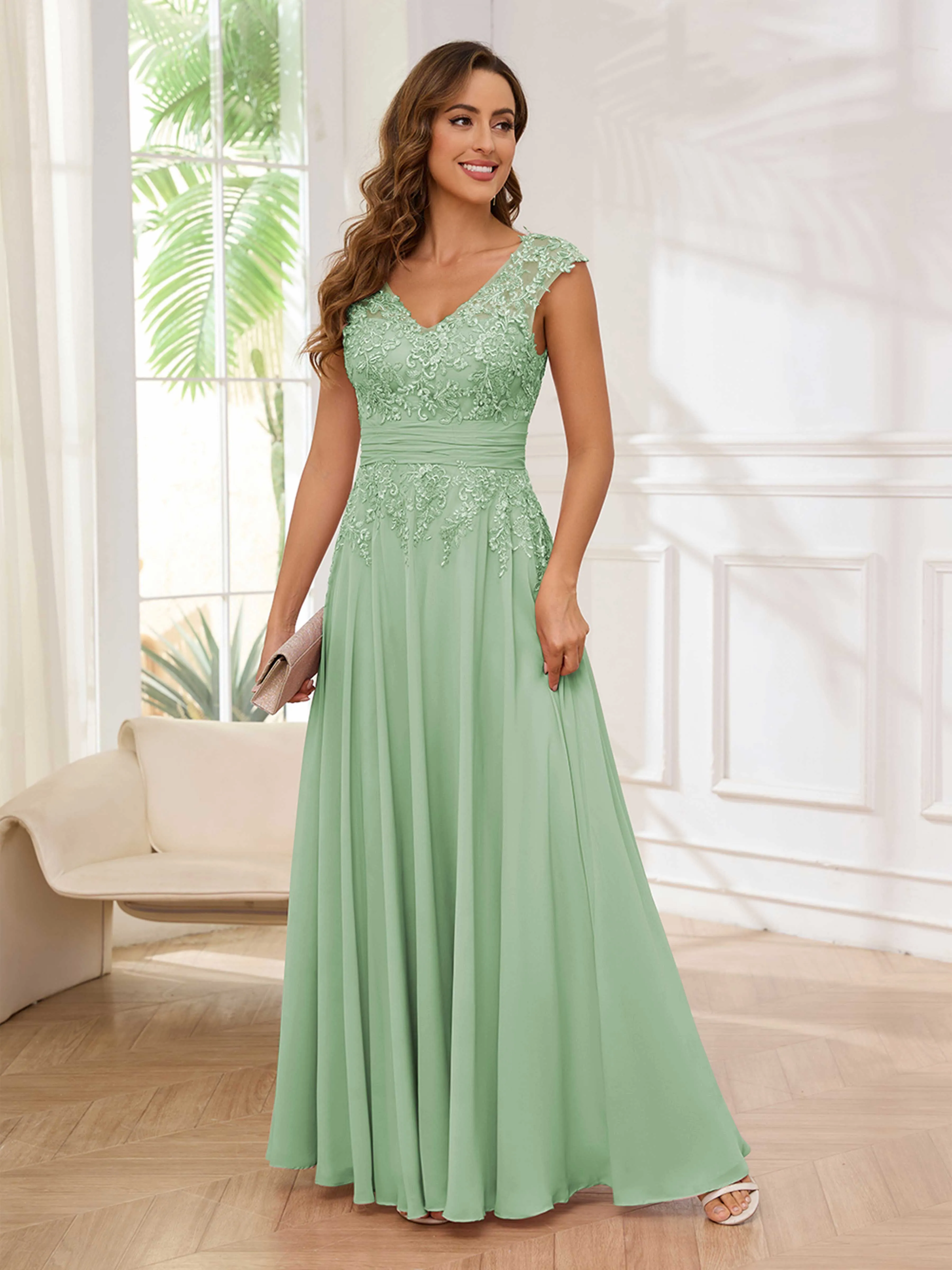 Ailani Delicate A-Line V Neck Lace Pleated Long Chiffon Mother of the Bride Dresses